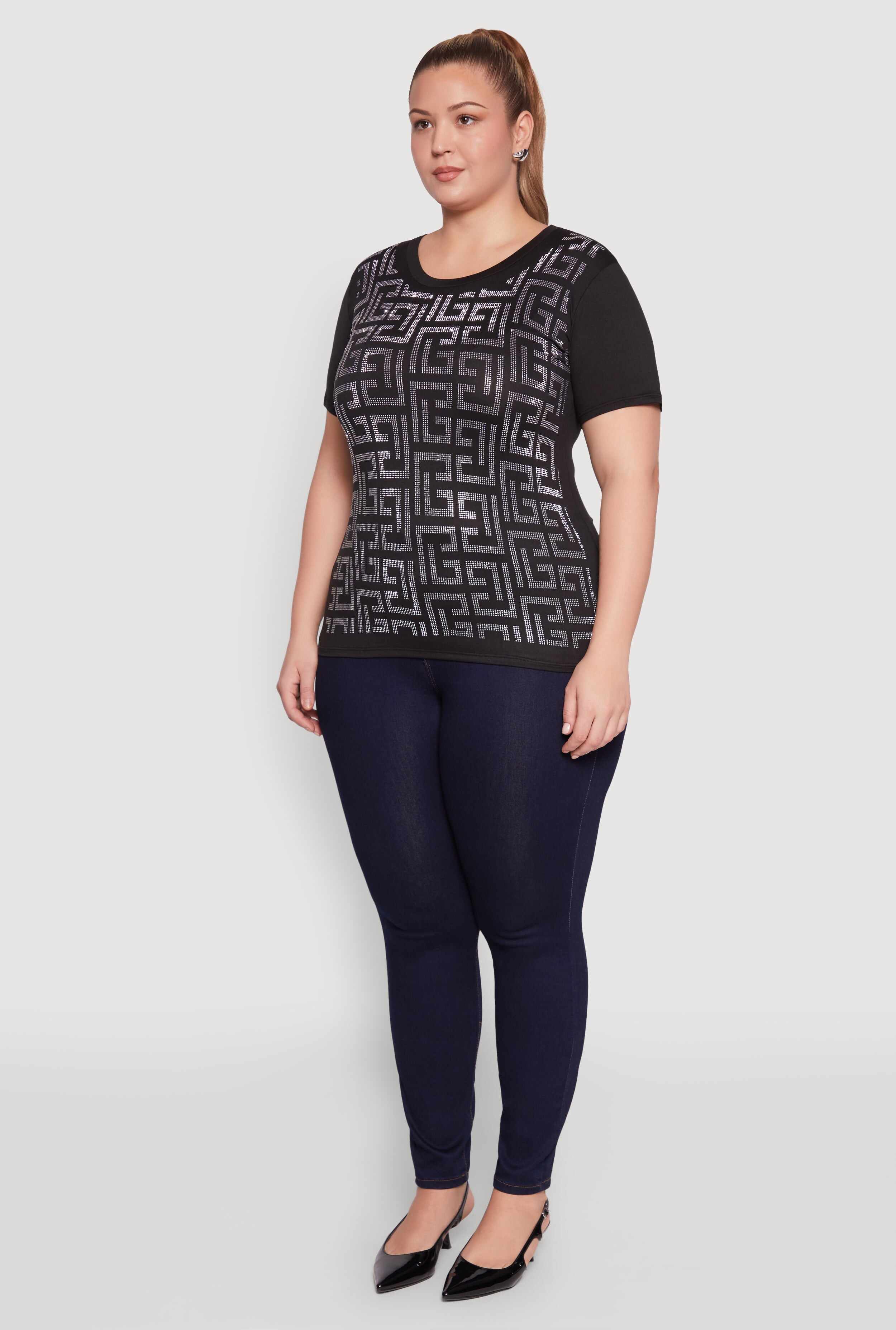 Plus Size Soft Knit Greek Key Rhinestone T Shirt