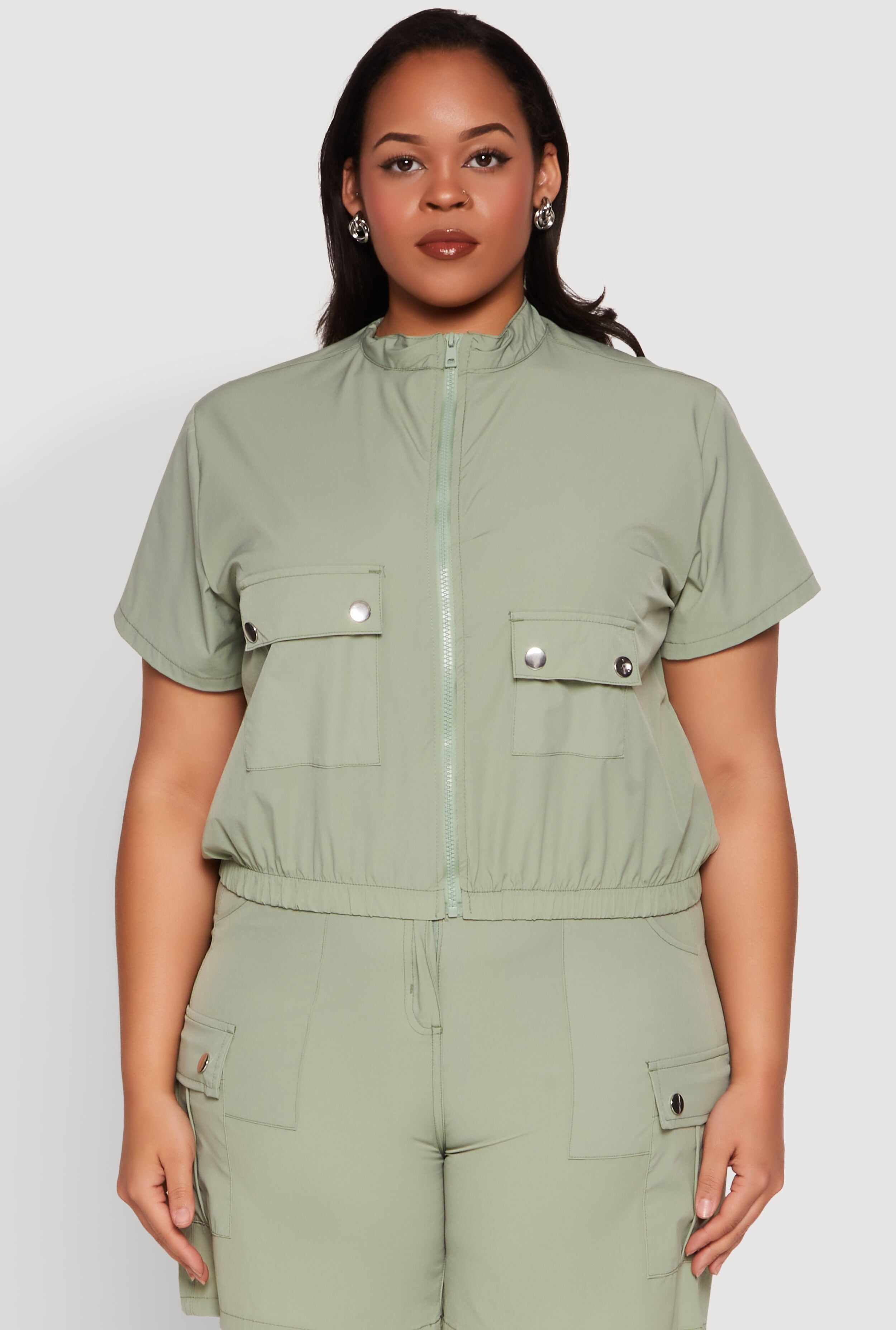 Plus Size Nylon Utility Zip Up Top