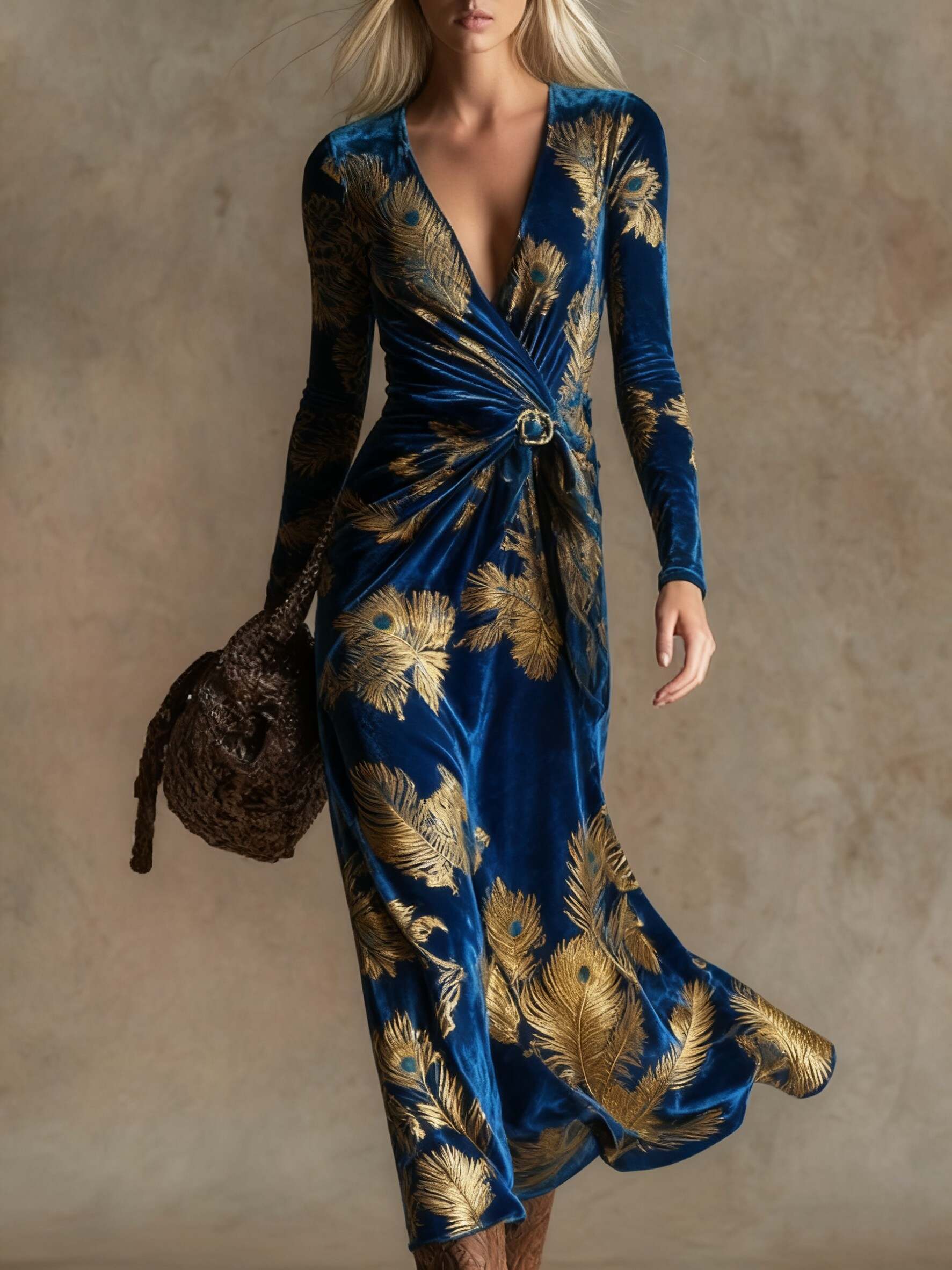Elegant vintage print V-neck velvet maxi dress