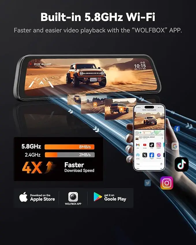 12 Inch Smart Rearview Mirror Dash Cam, 4K Front & Rear Dual Camera with Backup Camera, 5.8GHz WiFi, Night Vision, GPS & 32GB Card for Car & Truck