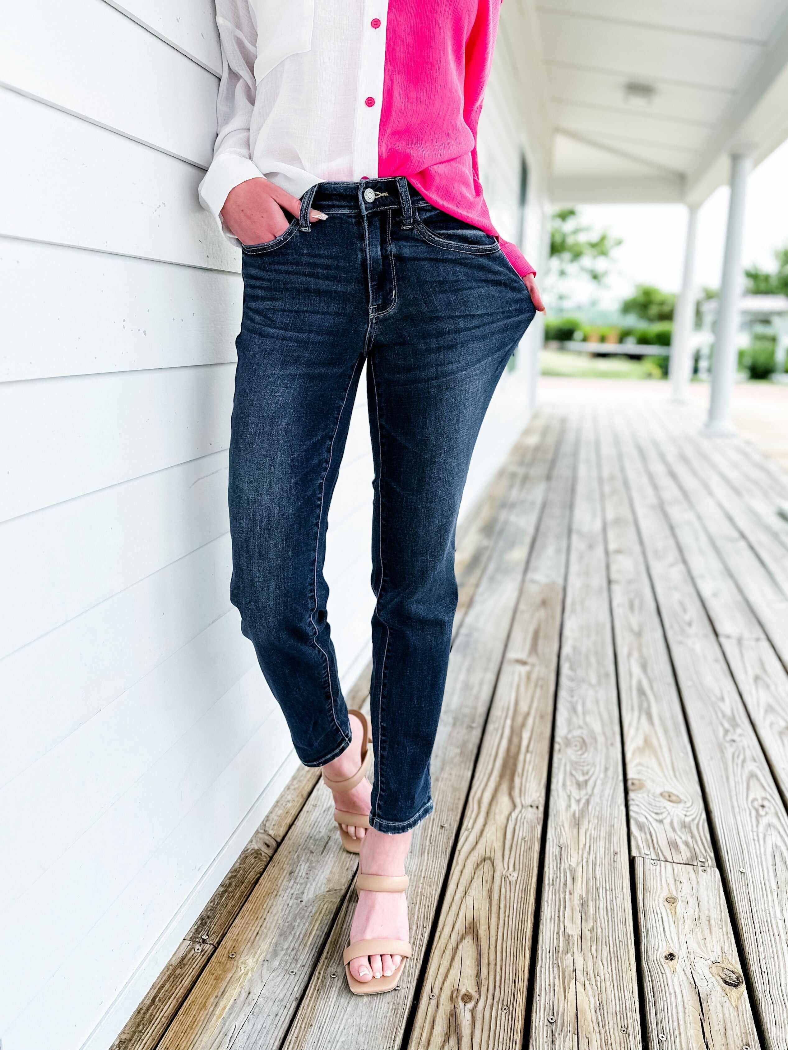 🔥Hot Sales🔥My Favorite Boyfriend Mid Rise Dark Wash Non Distressed Cuffed Boyfriend Jeans