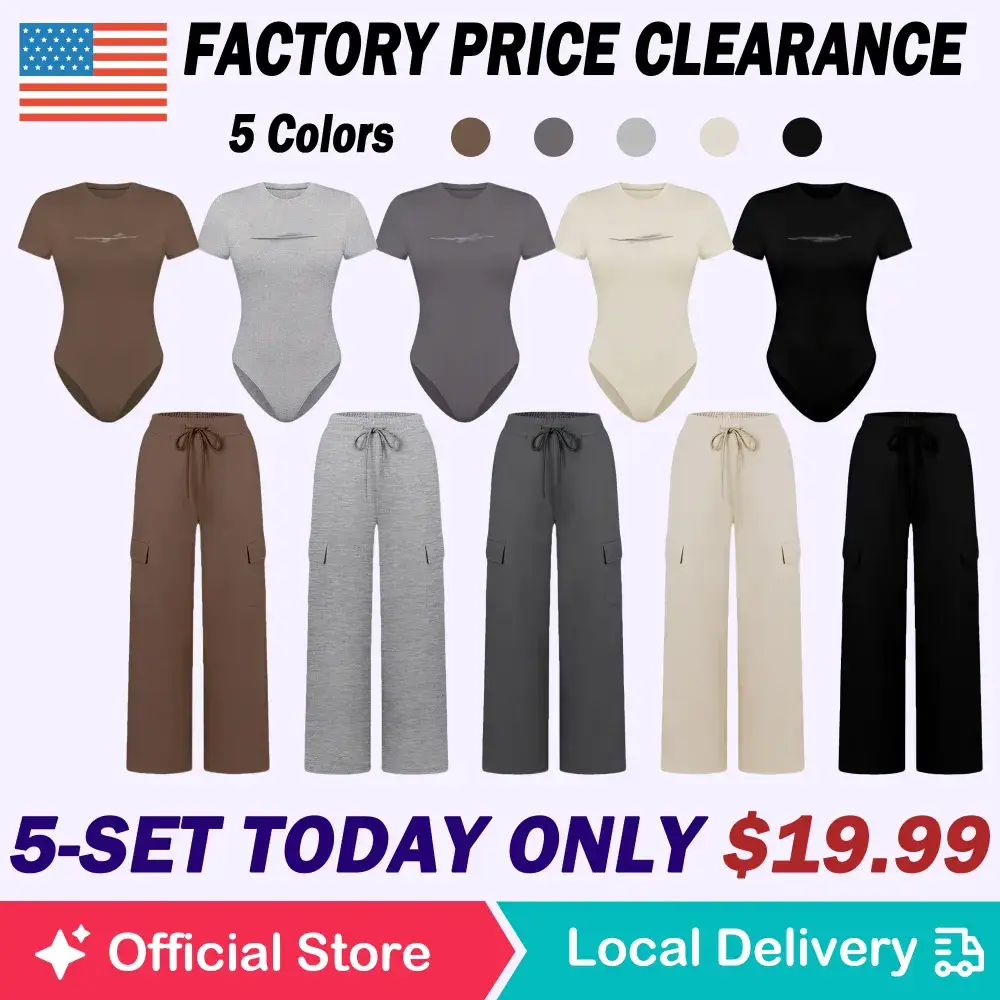 🔥Spring Fresh Sale 🎁Women's Knit Letter Print Two-Piece Set, Casual Fitted Short Sleeve Round Neck Jumpsuit & Drawstring Long Pants