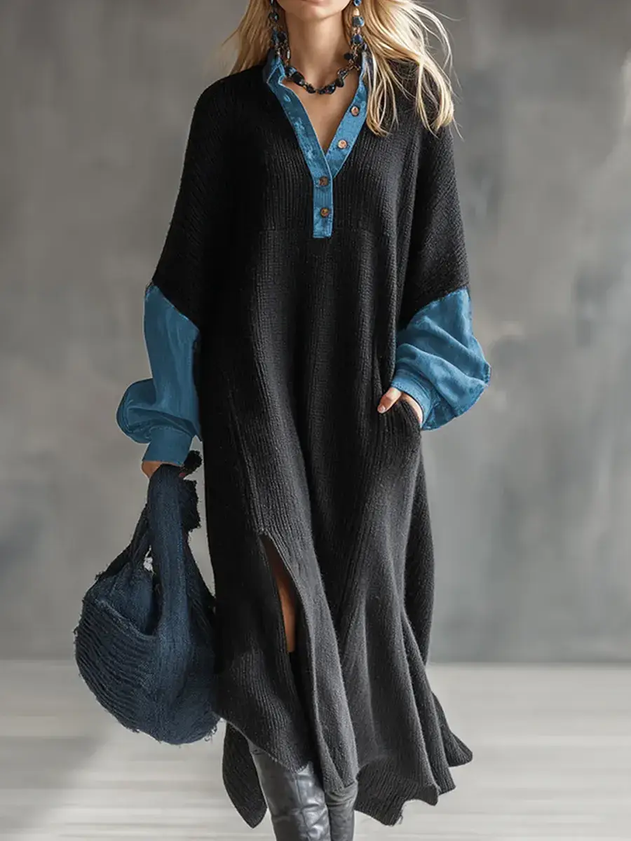Women's Shirt Collar Long Sleeve Denim Stitching Casual Loose Knit Dress