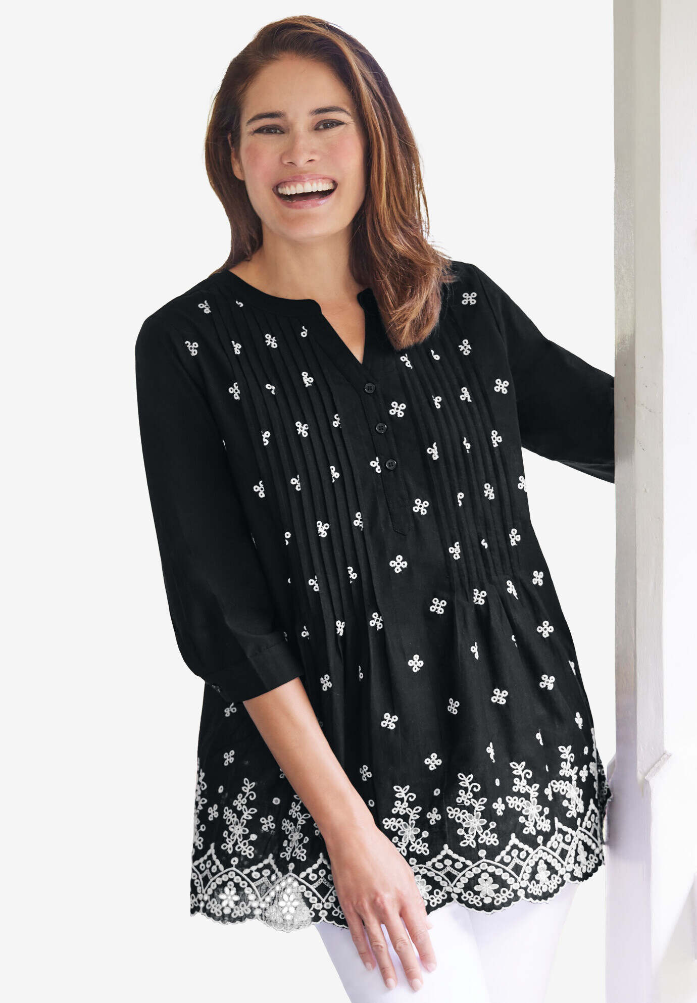 Embroidered Pintuck Tunic