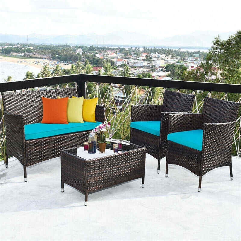 4 Pcs Outdoor Rattan Patio Conversation Set Wicker Furniture Set with Coffee Table and Cushioned Sofas