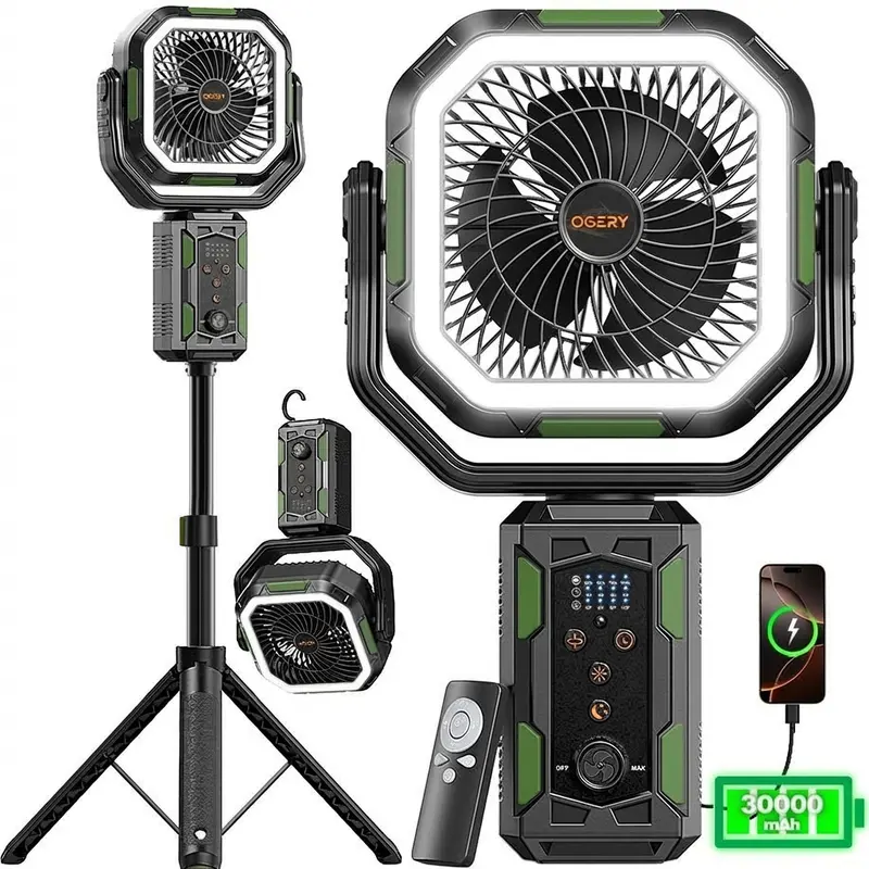 4 in 1 Cordless Camping Fan, 30000mAh Rechargeable Fan with Detachable Tripod, LED Lights & 270° Pivot, Remote Control Oscillating Portable Fan for Tent Travel Bedroom