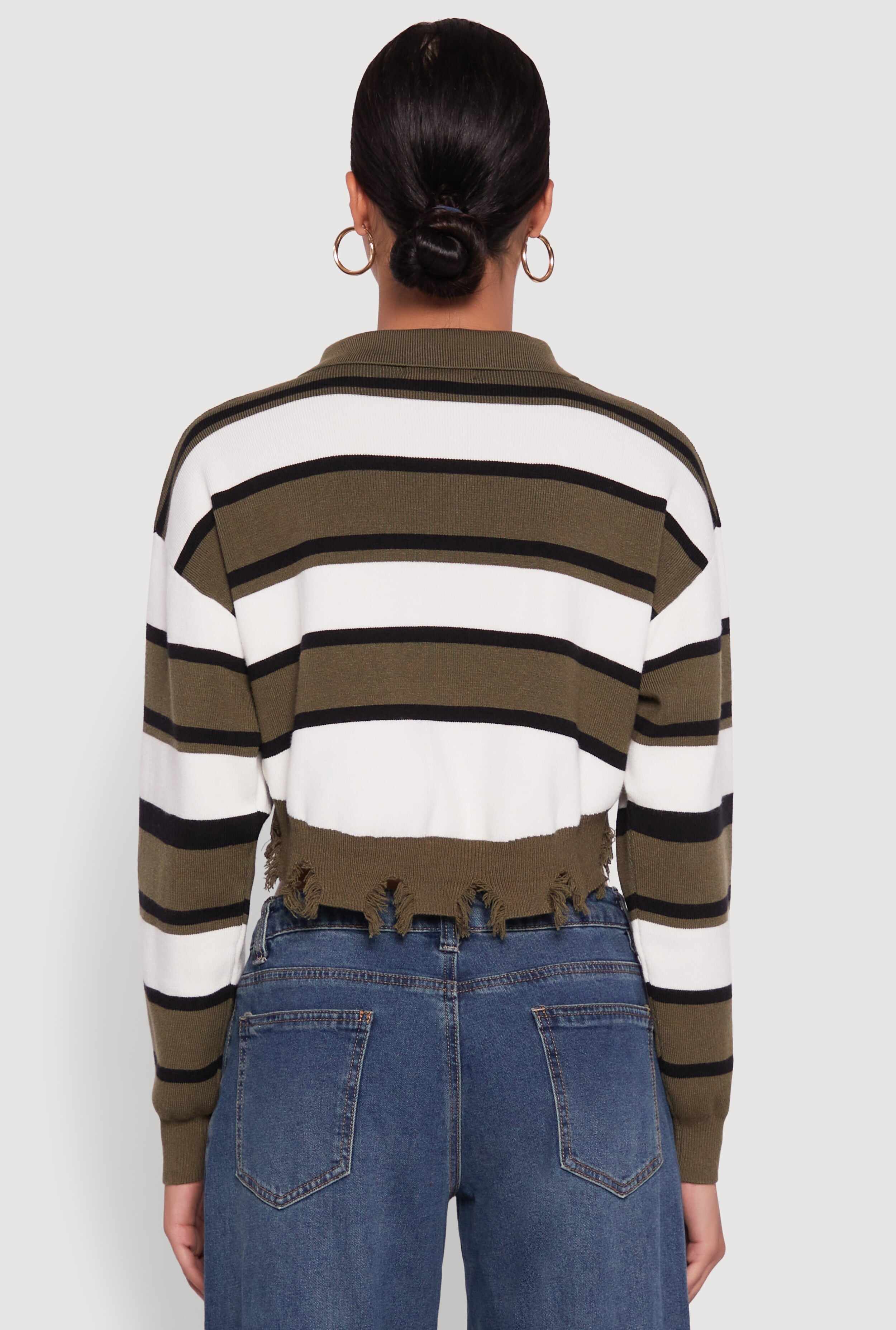 Striped Polo Collar Frayed Hem Crop Sweater