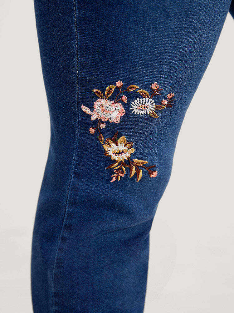 Straight Leg Very Stretchy Dark Wash Floral Embroidered Jeans