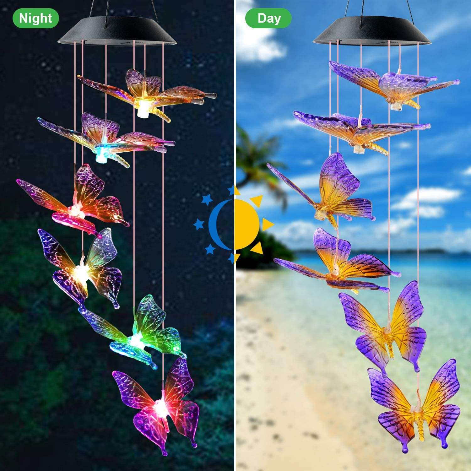 Colorful Butterfly Solar Wind Chimes Outdoor Color Changing Mobile Solar Hanging Light