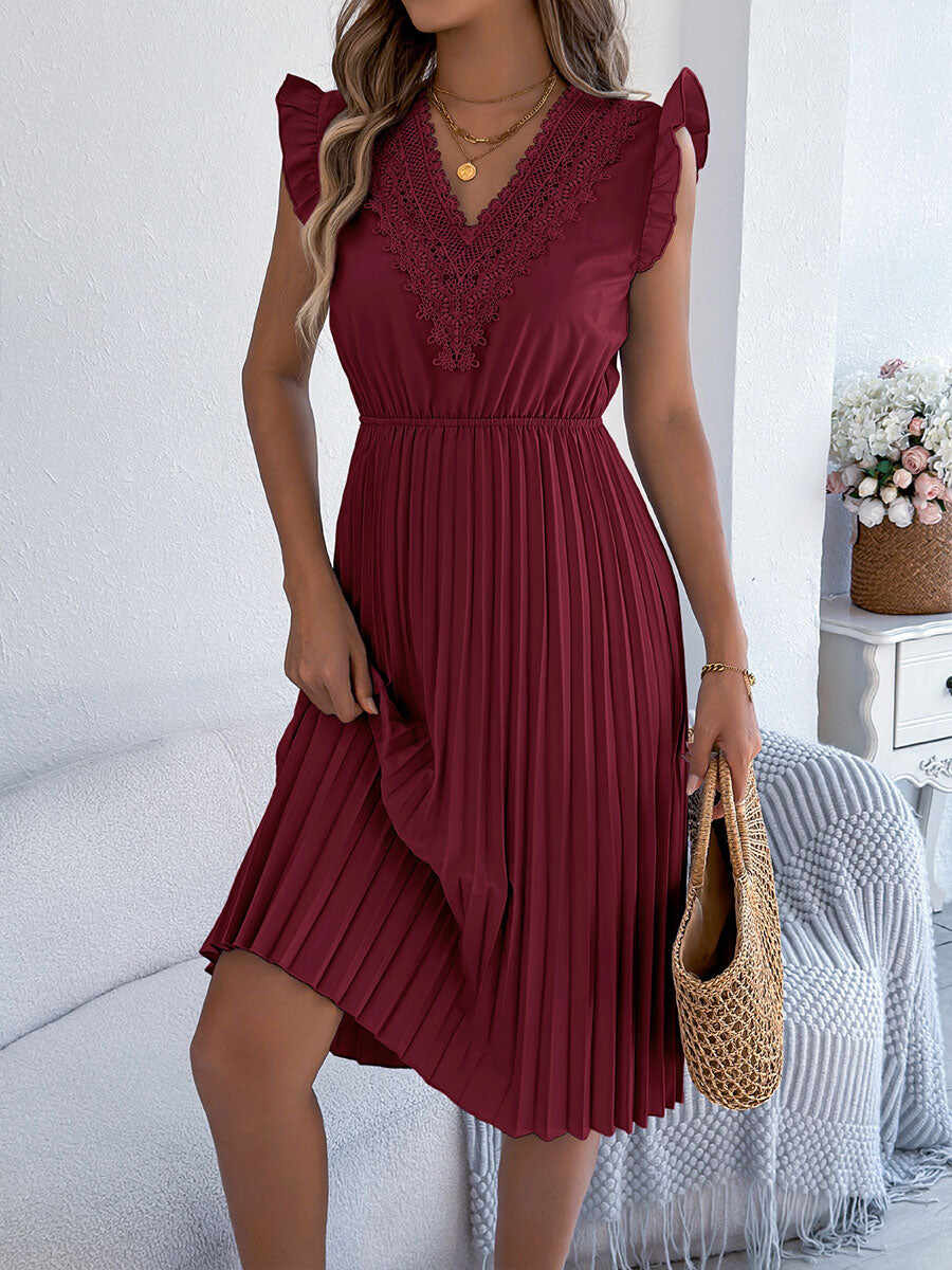 🔥Summer Arrivals🌟Women's Casual Lace V-neck Ruffled Pleated Dress