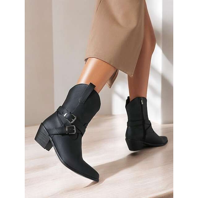 Women's Black Western Ankle Cowboy Boots with Buckle Details for Fashion and Casual Wear