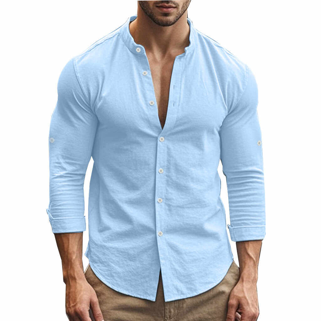 Standing Collar Solid Color Casual Cotton Linen Shirt