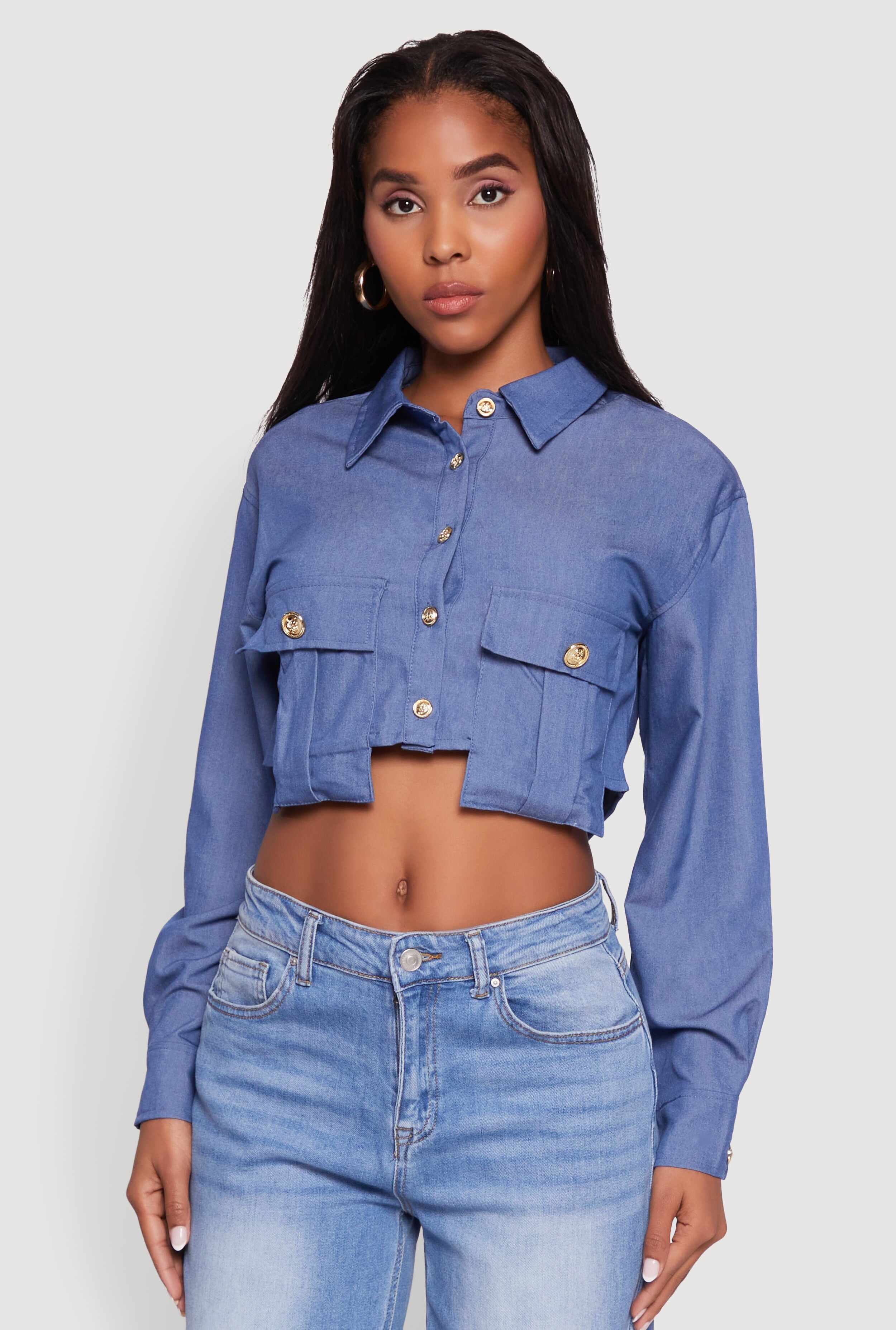 Classic Fit Long Sleeve Cropped Shirt with Flap Pocket