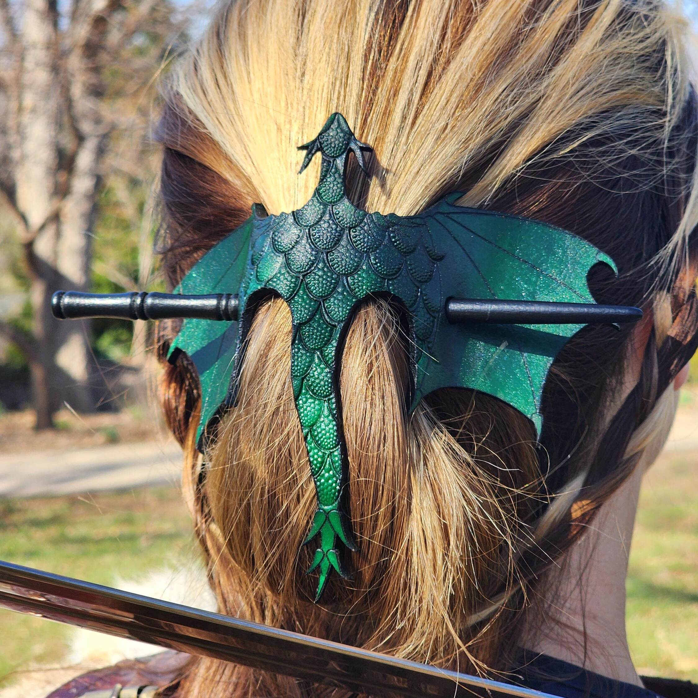 Leather Tooled Dragon Hair Slide w/ Wood Stick