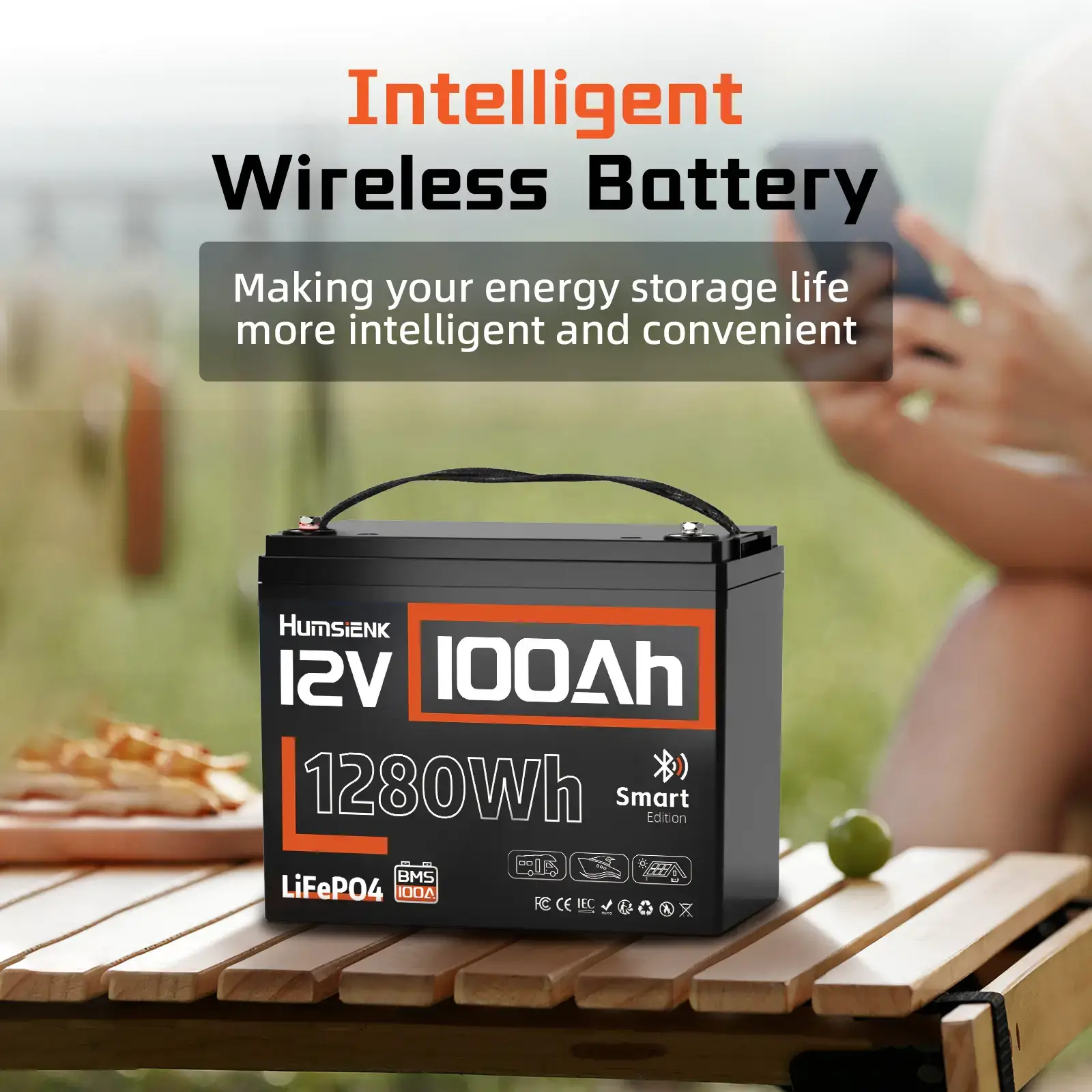 12V 100Ah LiFePO4 Bluetooth Lithium Battery, Built-in 100A BMS & Low-Temp Protection, for RV/Marine/Trolling Motor/Off-Grid/Home Backup