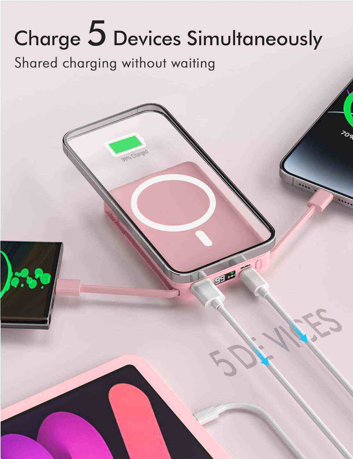 podoru Wireless Portable Charger, 10000mAh Magnetic Power Bank Built-in USB-C Lighting Cables 22.5W PD Fast Charging LED Display Mag-Safe Battery Pack for iPhone 15/14/13/12/Mini/Pro/Pro Max - White