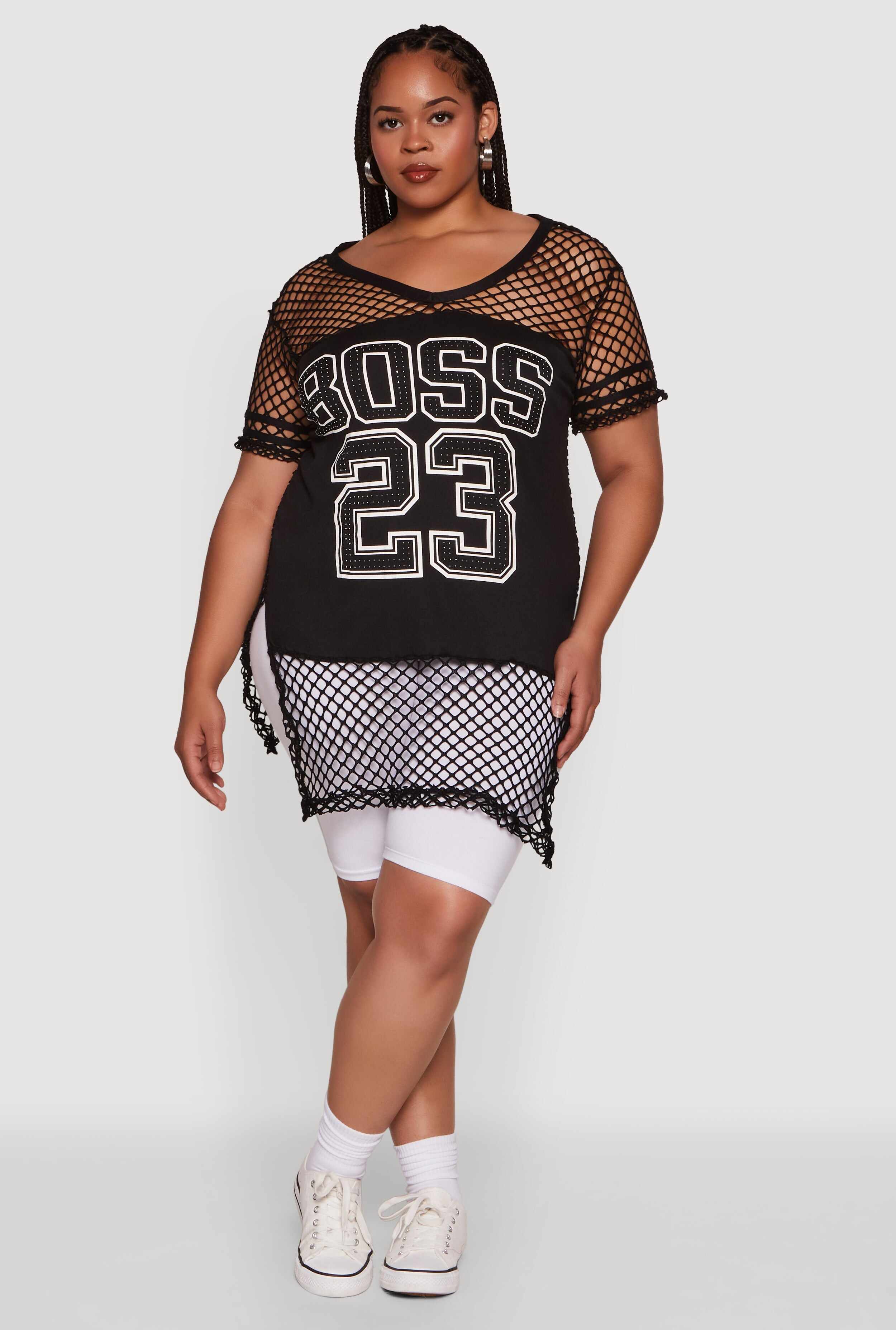 Plus Size Fishnet Boss 23 Rhinestone Graphic Top with Varsity Stripe Details