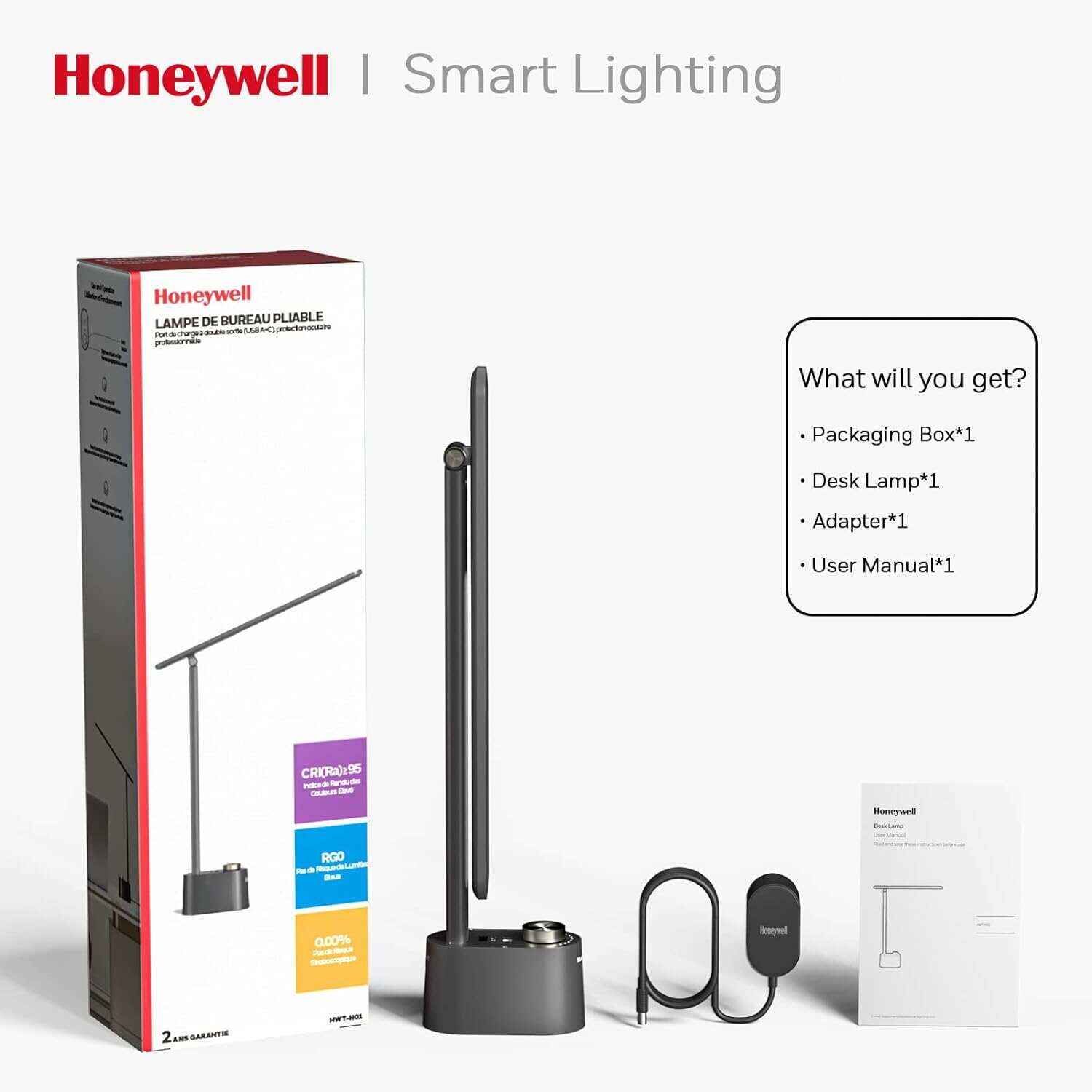 Honeywell Desk Lamp Home Office - LED Lighting with Charging Station A+C USB Port for Small Spaces Bedroom Reading Crafts HWT-H01 Black