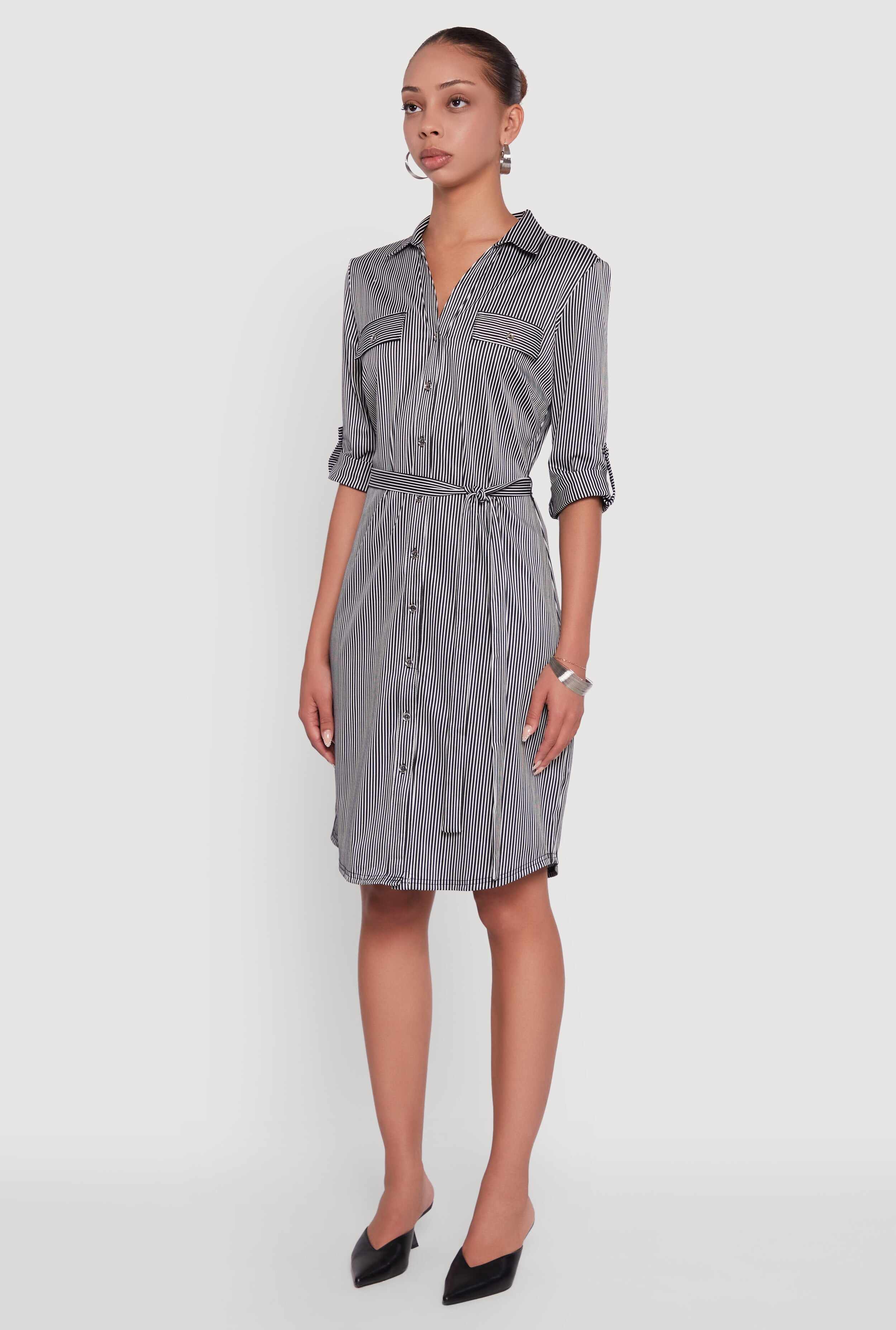 Striped Button Front Shirt Dress with Tie Waist Belt
