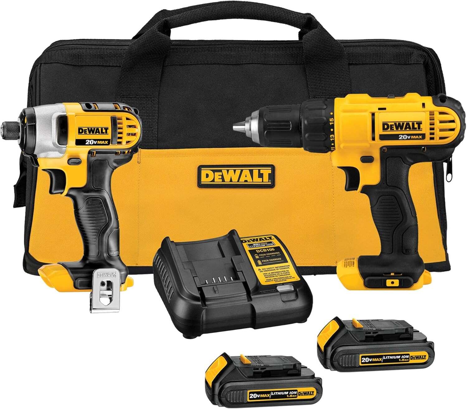 Cordless Drill and Impact Driver, Power Tool Combo Kit , Includes 2 Batteries, Charger and Bag (DCK240C2)