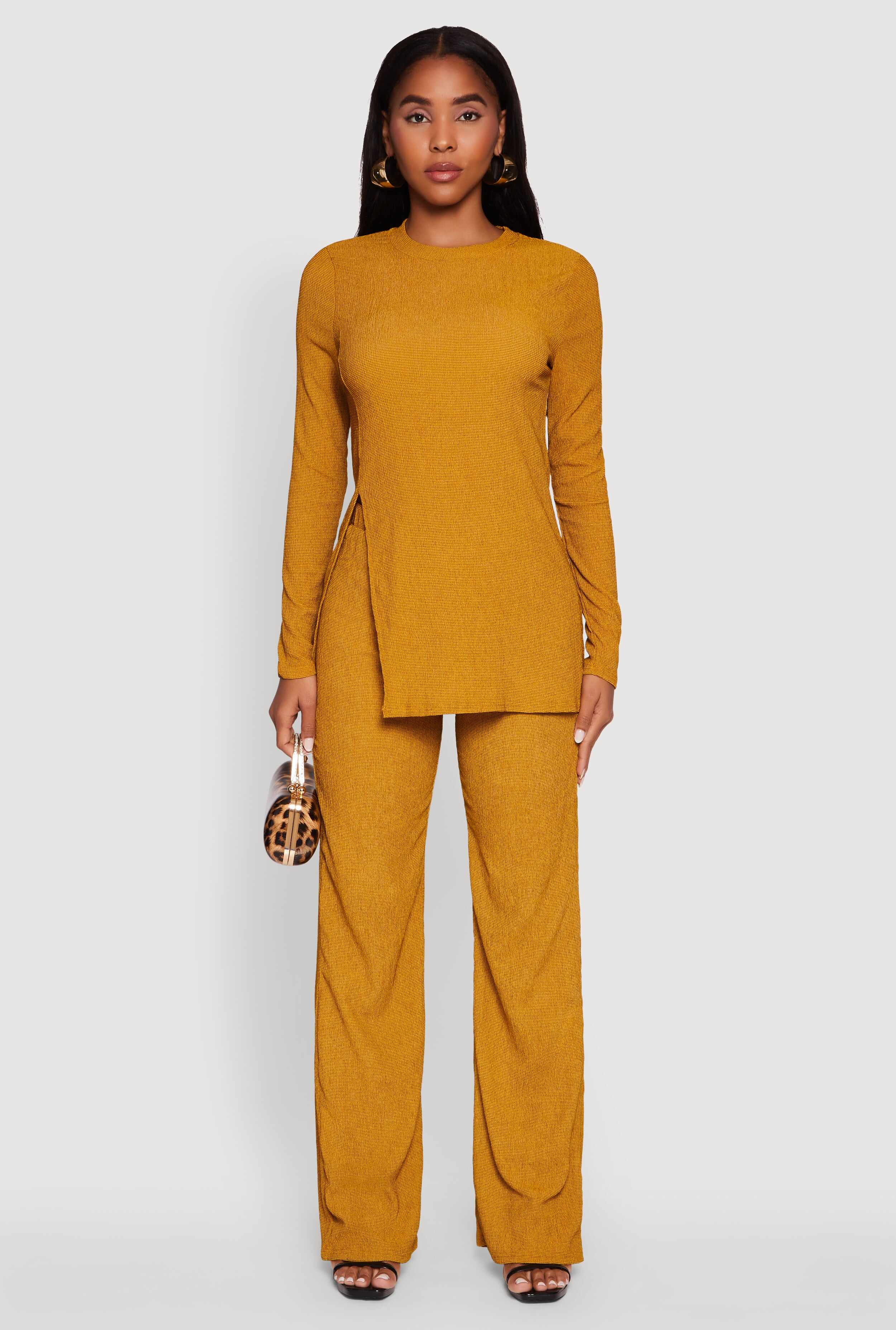Seersucker Crew Neck Side Slit Long Sleeve Top
