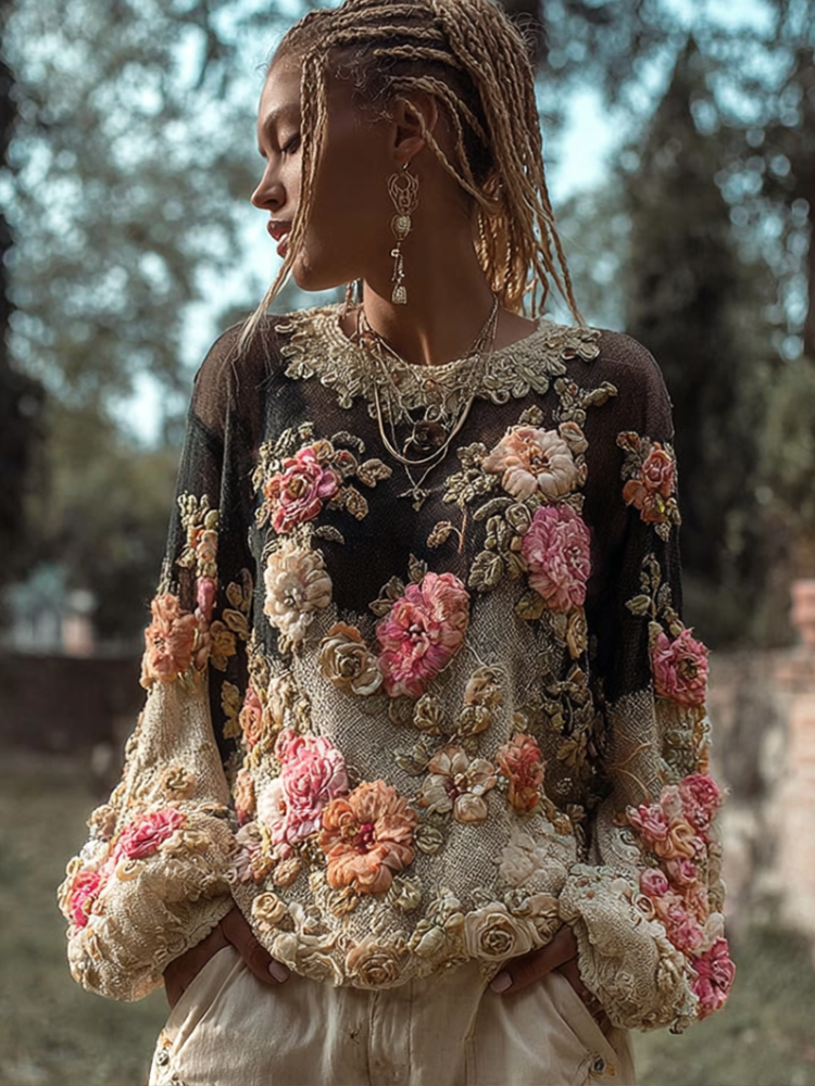 Bohemian Style Three-dimensional Flower Knitted Pattern Women's V-neck Long-sleeve Knitted Sweater