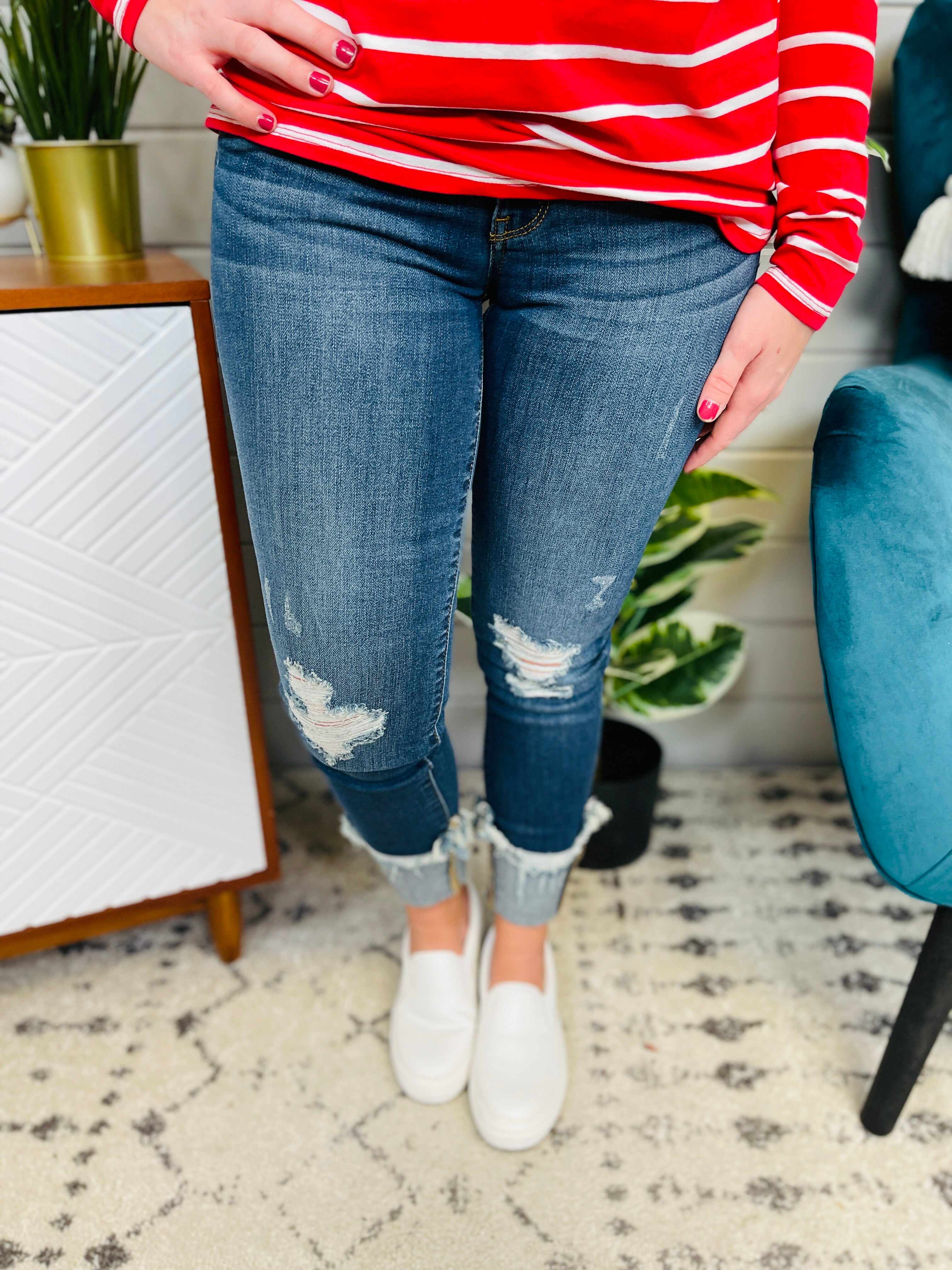 Dark Wash Mega Stretchy Cuffed Skinny Jeans