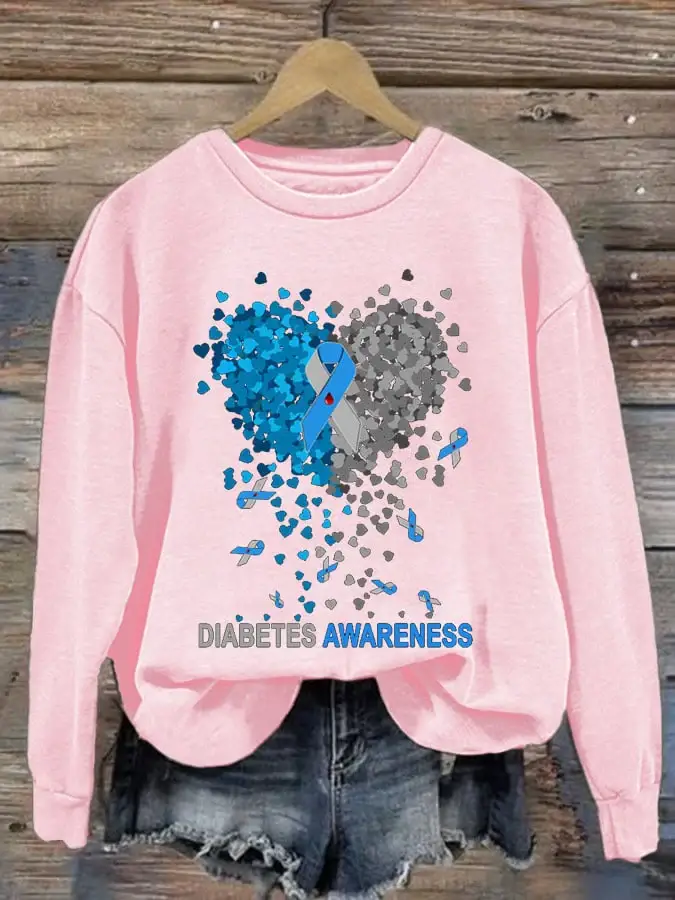 Women's Casual Diabetes Awareness Print Long Sleeve Sweatshirt