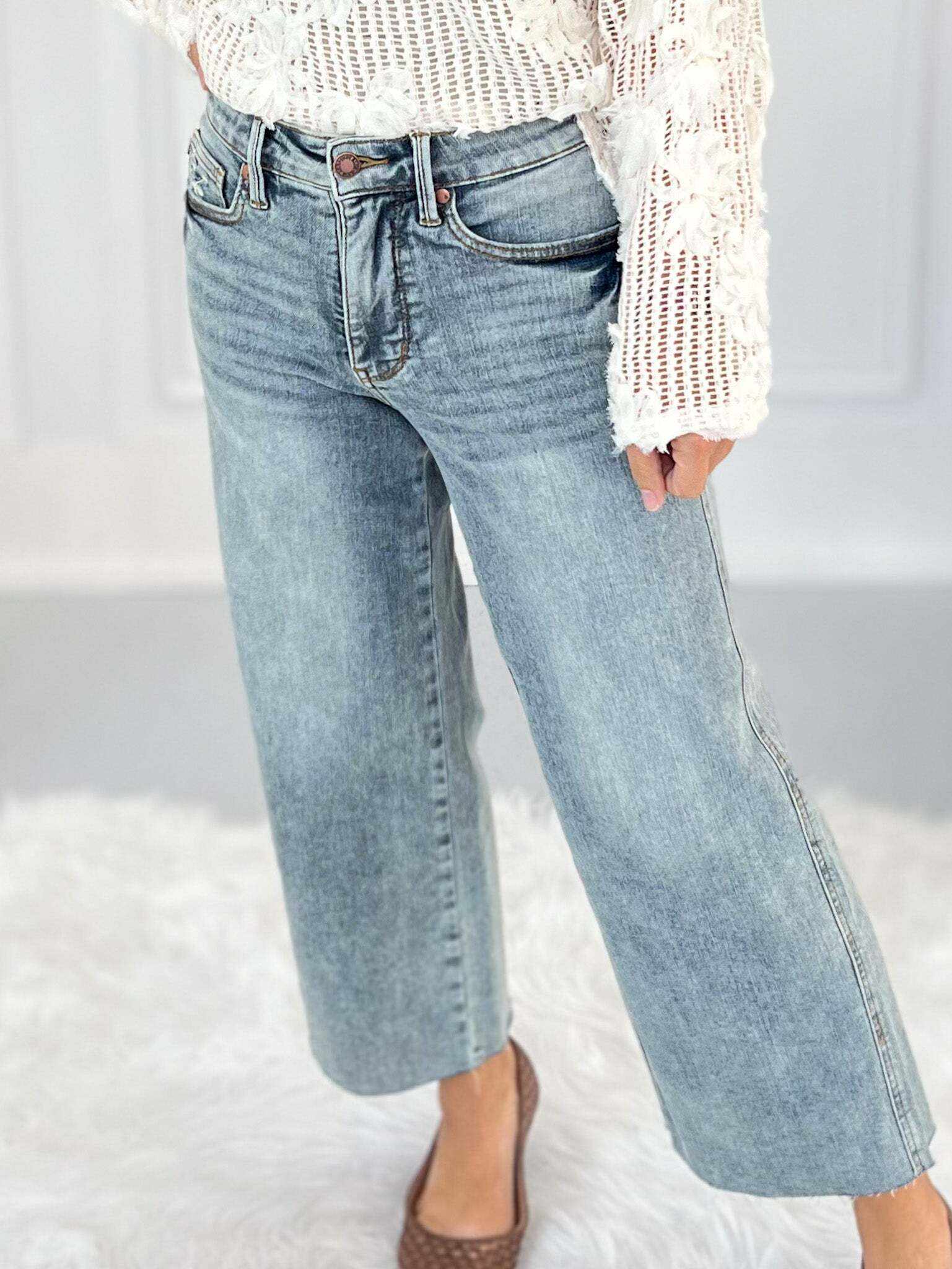 Very Demure - Christmas Tummy Control Cropped Wide Jeans- Final Sale