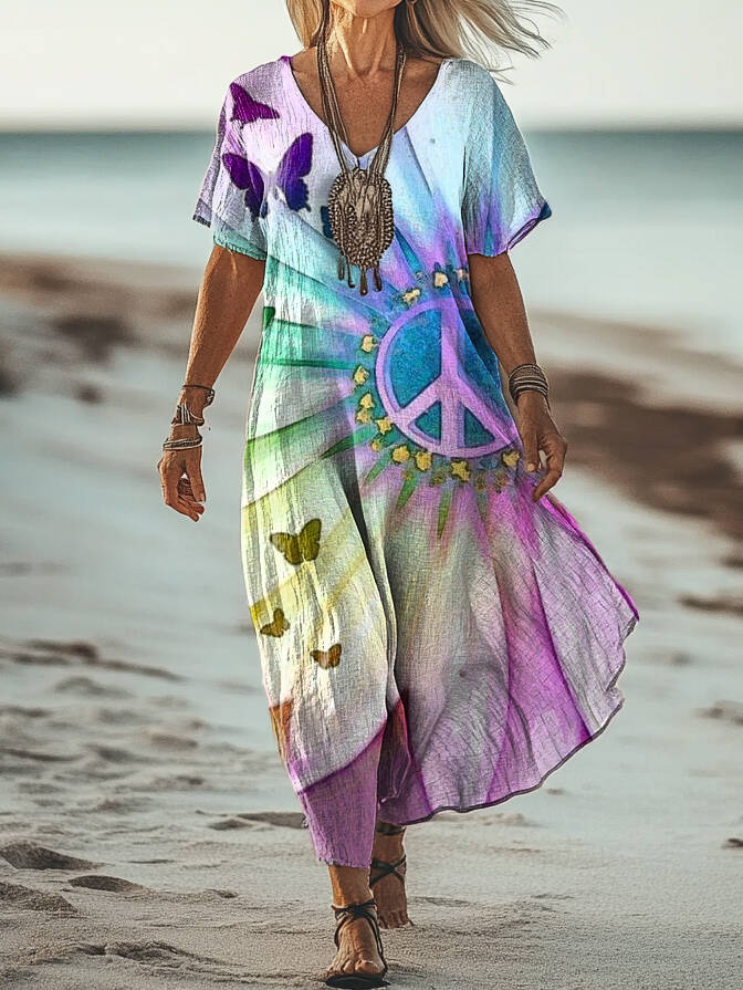 Women's Hippie Art Print Pocket Cotton Dress