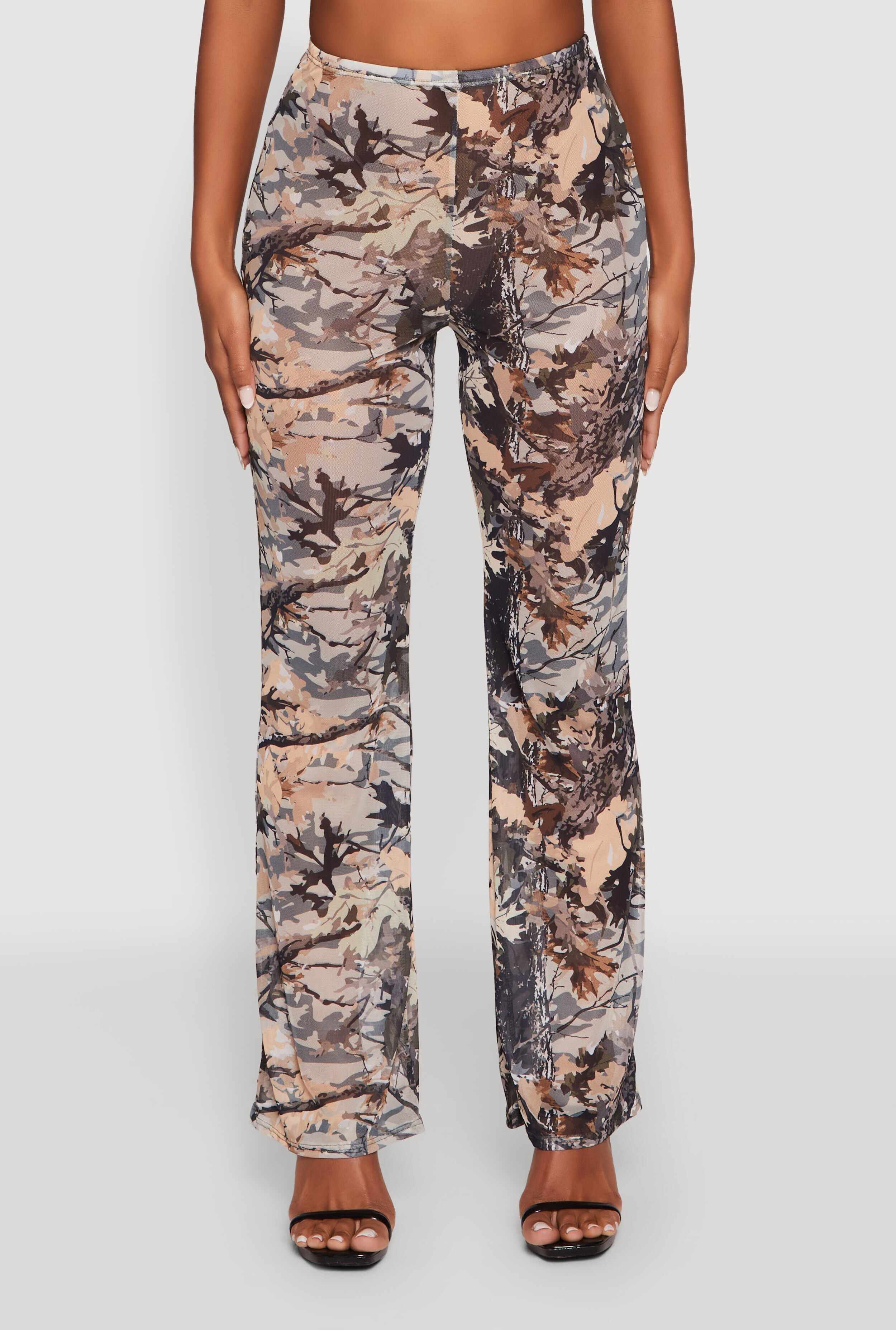 Camo Leaf Print Mesh Casual Pants