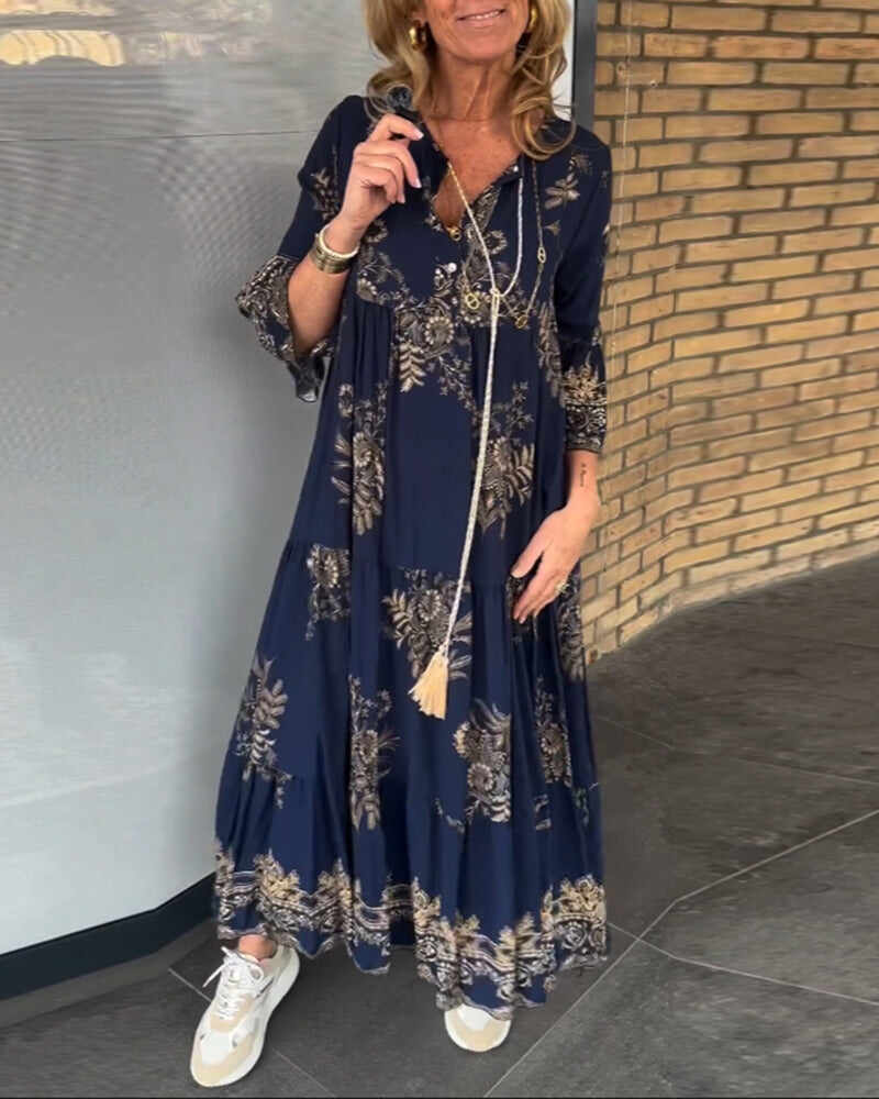 🔥Summer Arrivals🌟💃Hot sale new product 50% off👗 - Navy blue print loose retro V-neck dress