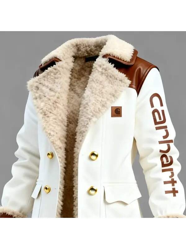Women's Vintage White Leather Contrast Fleece Faux Fur Lining Coat