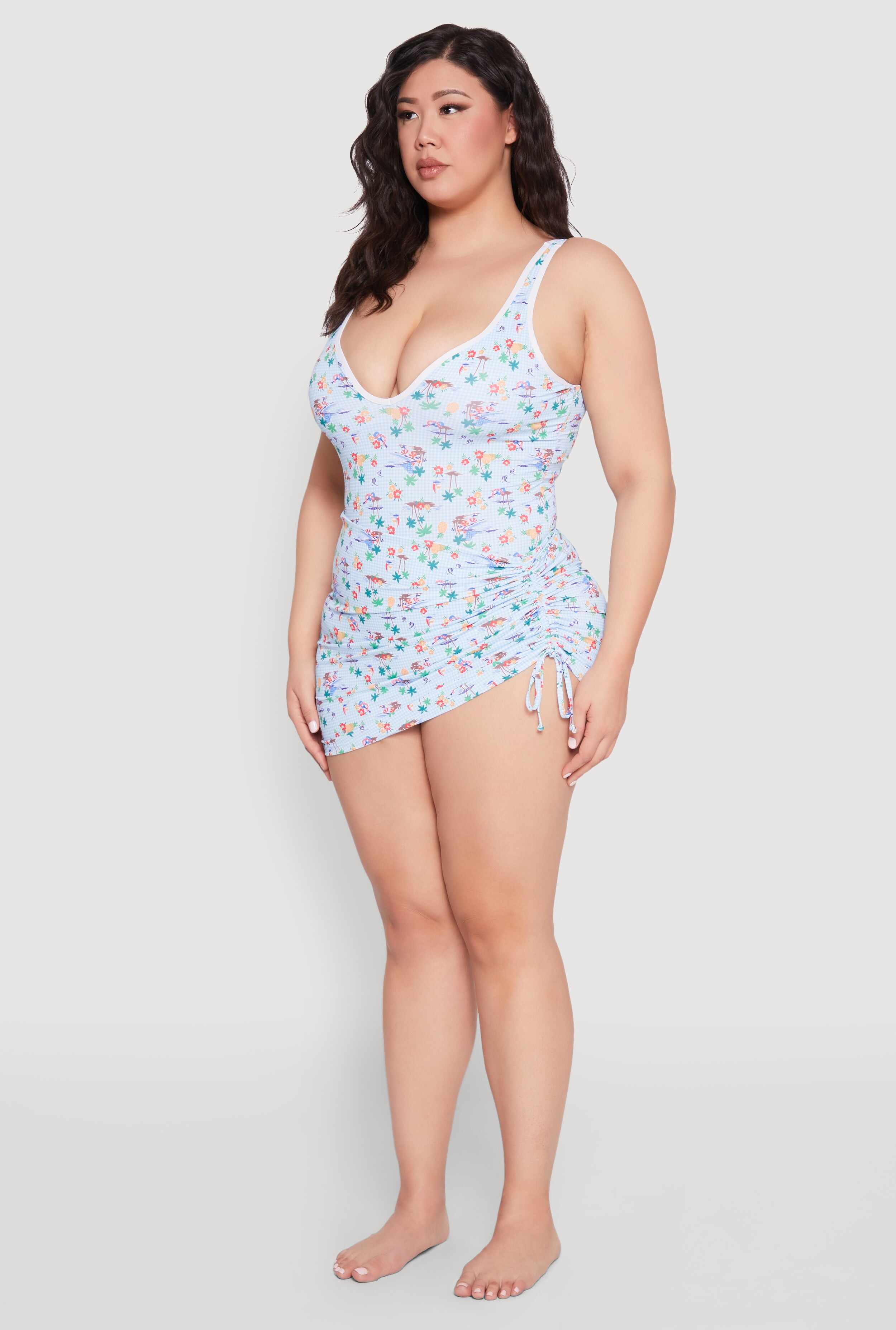 Plus Size Gingham Island Print Sarong Cover Up
