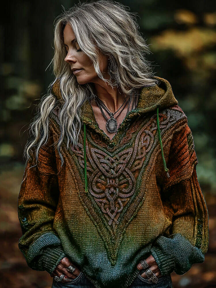 Women's Viking Celtic Knot Art Knitted Warm Hooded Sweater