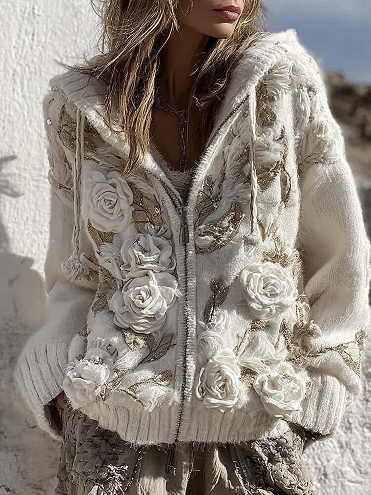 Women's Vintage White Rose Pattern Knit Zipper Sweater