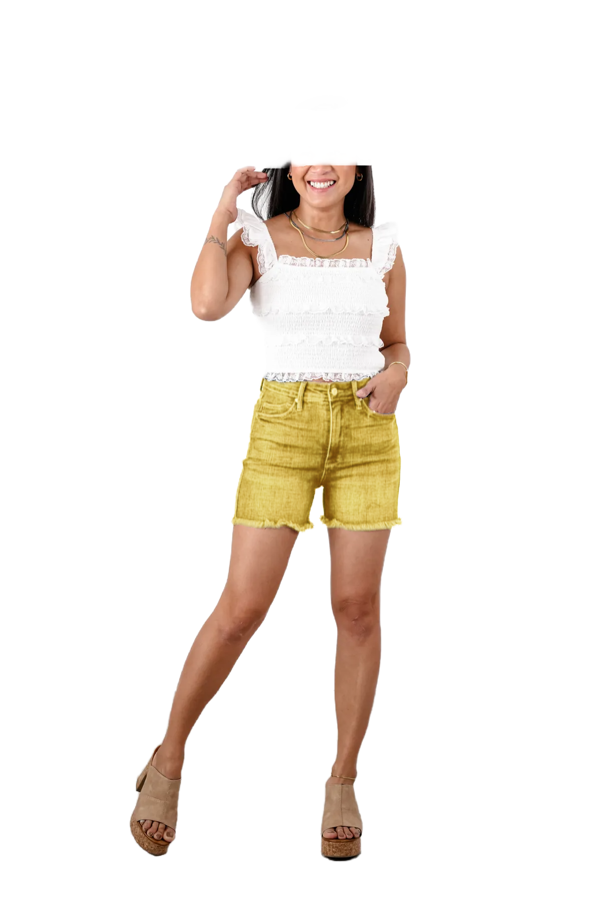 🔥2025 Hot Trend🔥Judy Dark Wash Tummy Control Fray Hem Shorts with Shield Back Pockets