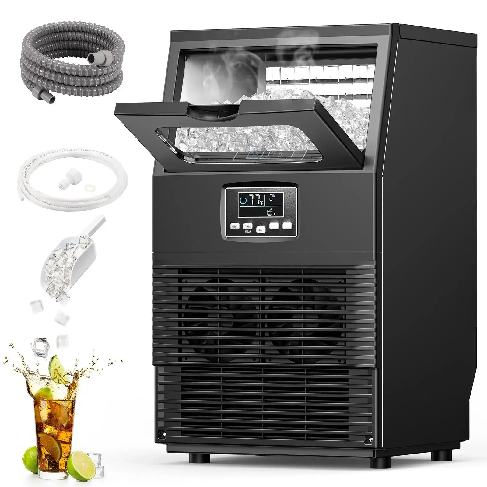 Commercial Ice Maker  V2.0, 100 lbs, 2-Way Add Water, Large Ice Maker Self Cleaning, Ice Machine with 24 Hour Timer,33 lbs Basket, Stainless Steel Ice Makers for School, Home, Bar, RV