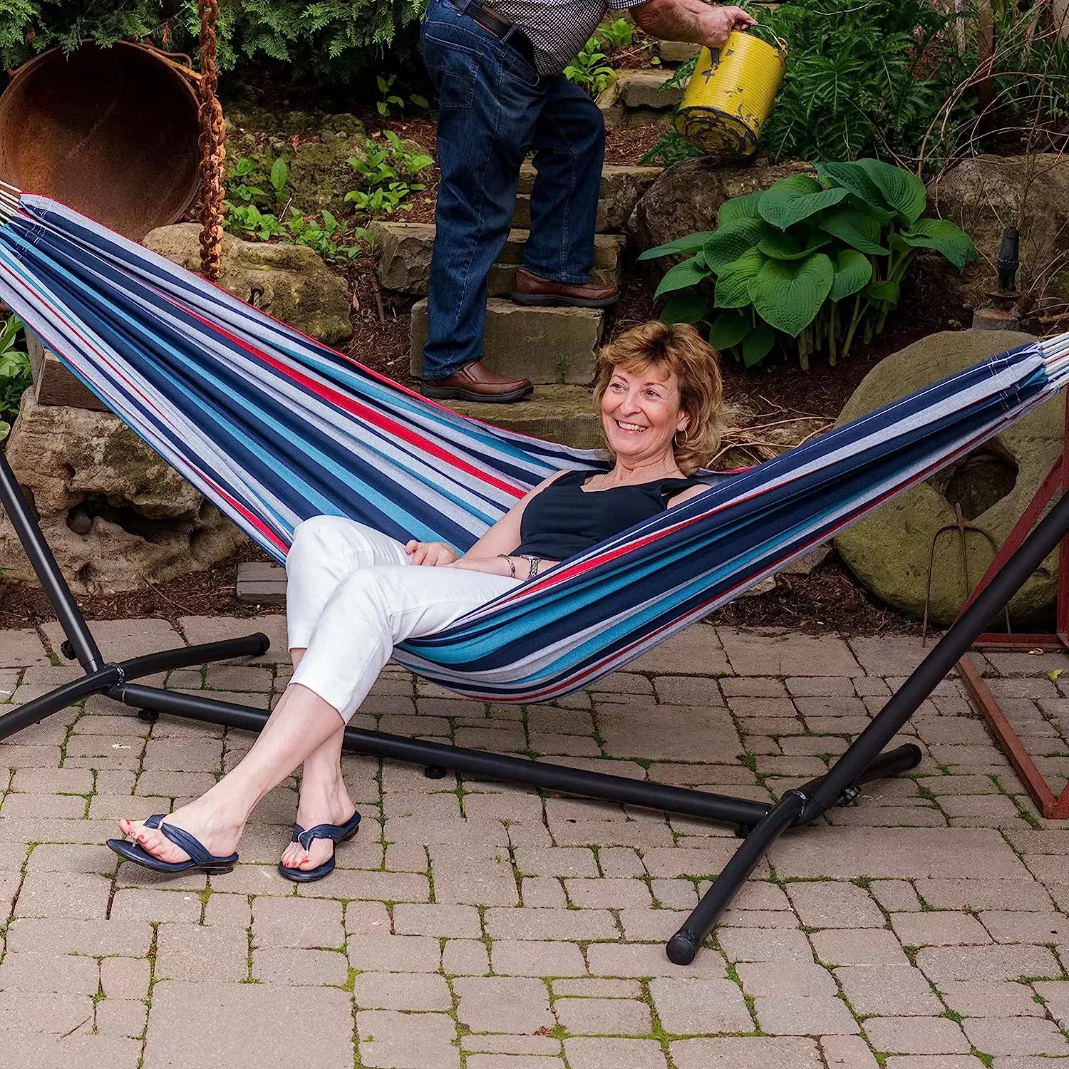 Double Cotton Hammock with Space Saving Steel Stand, Tropical (450 lb Capacity - Premium Carry Bag Included)