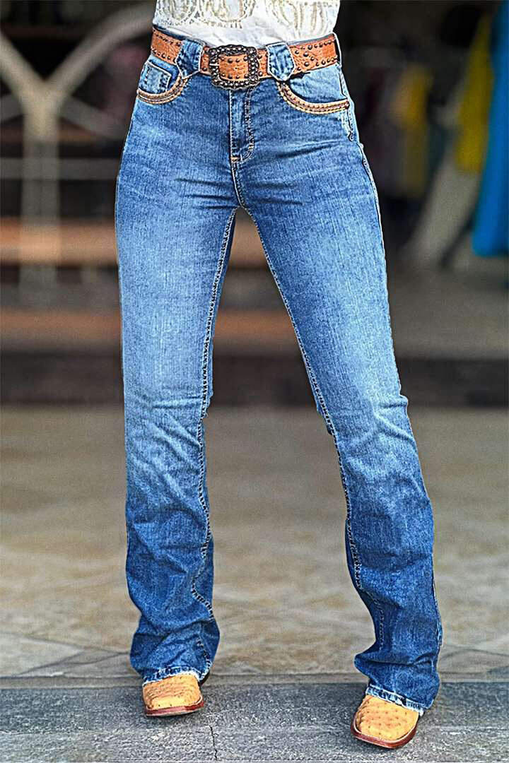 Wash Contrast Stitch Mid Rise Bootcut Jeans Without Belt