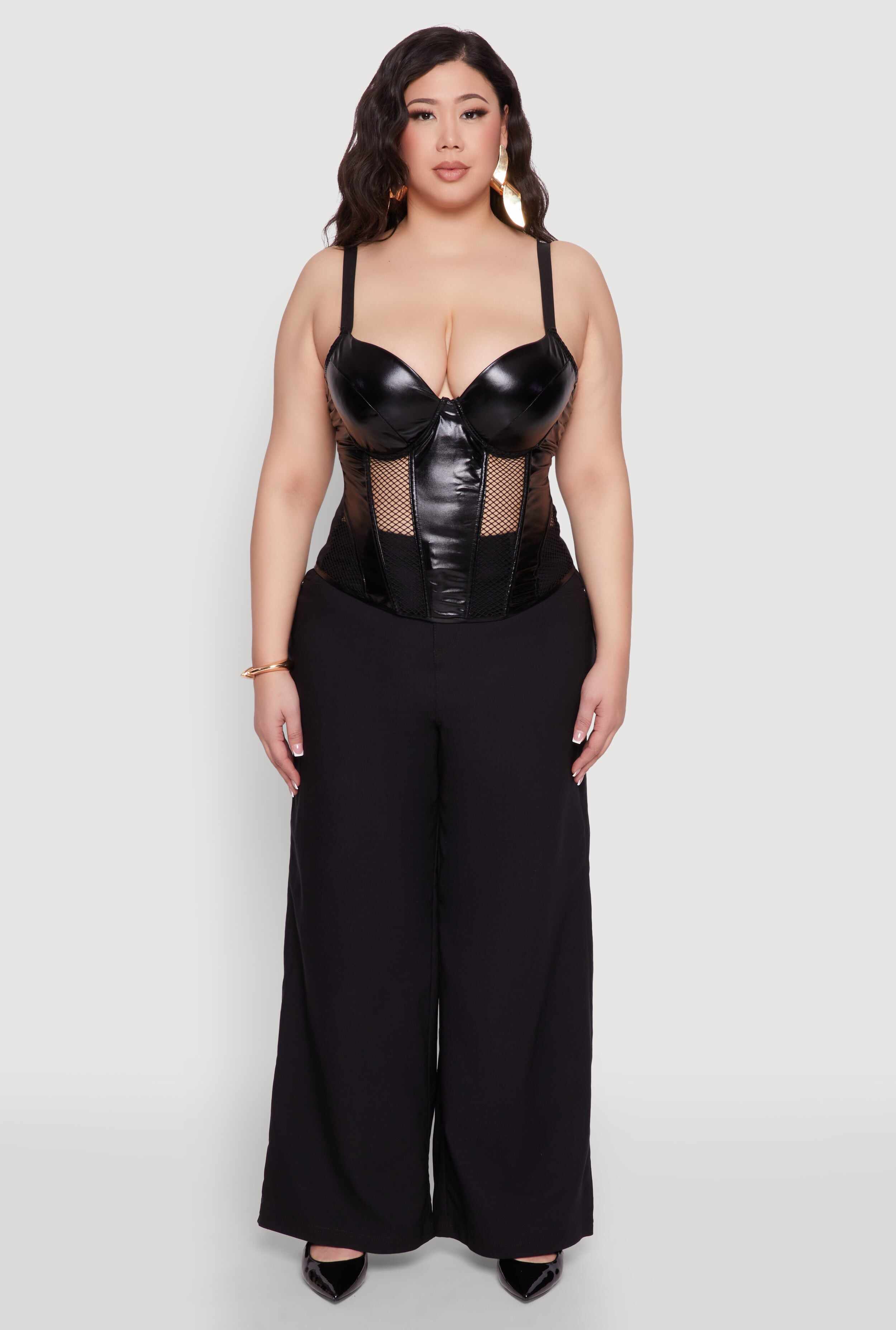 Plus Size Fishnet Cutout Faux Leather Look Bustier Top