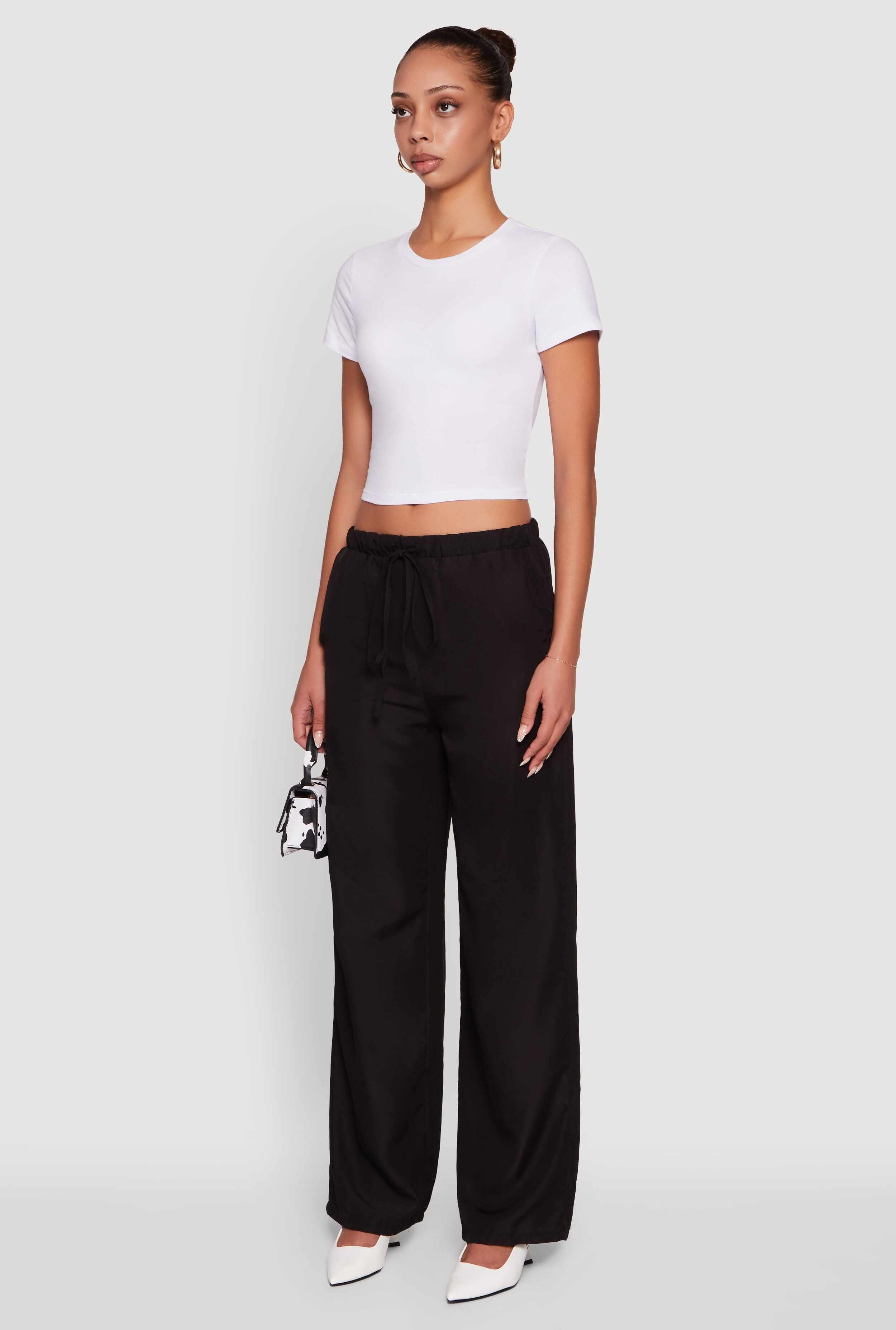 Solid Drawstring Waist Wide Leg Pants