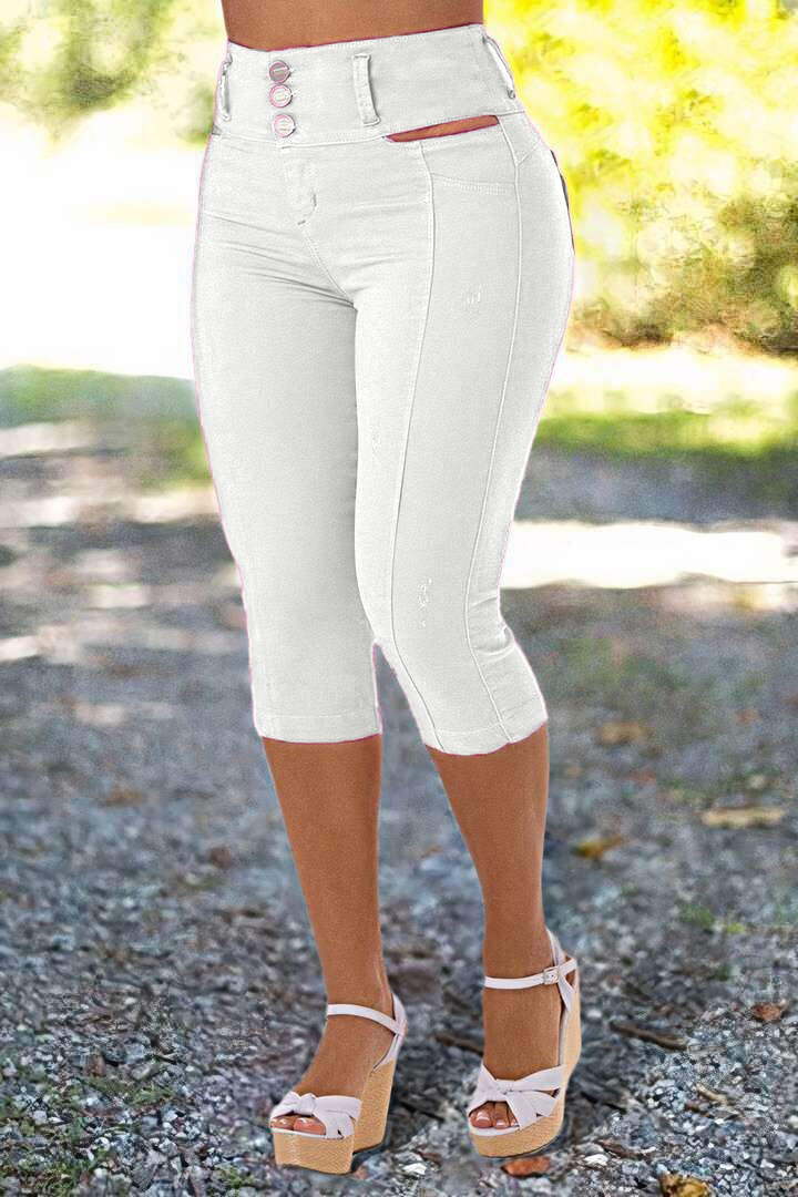 Solid Cut Out Waist Skinny High Waist Capri Jeans