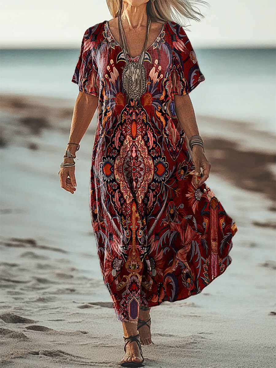 Women's Ethnic Totem Art Patterns Print Short Sleeve Pocket Cotton Linen Dress