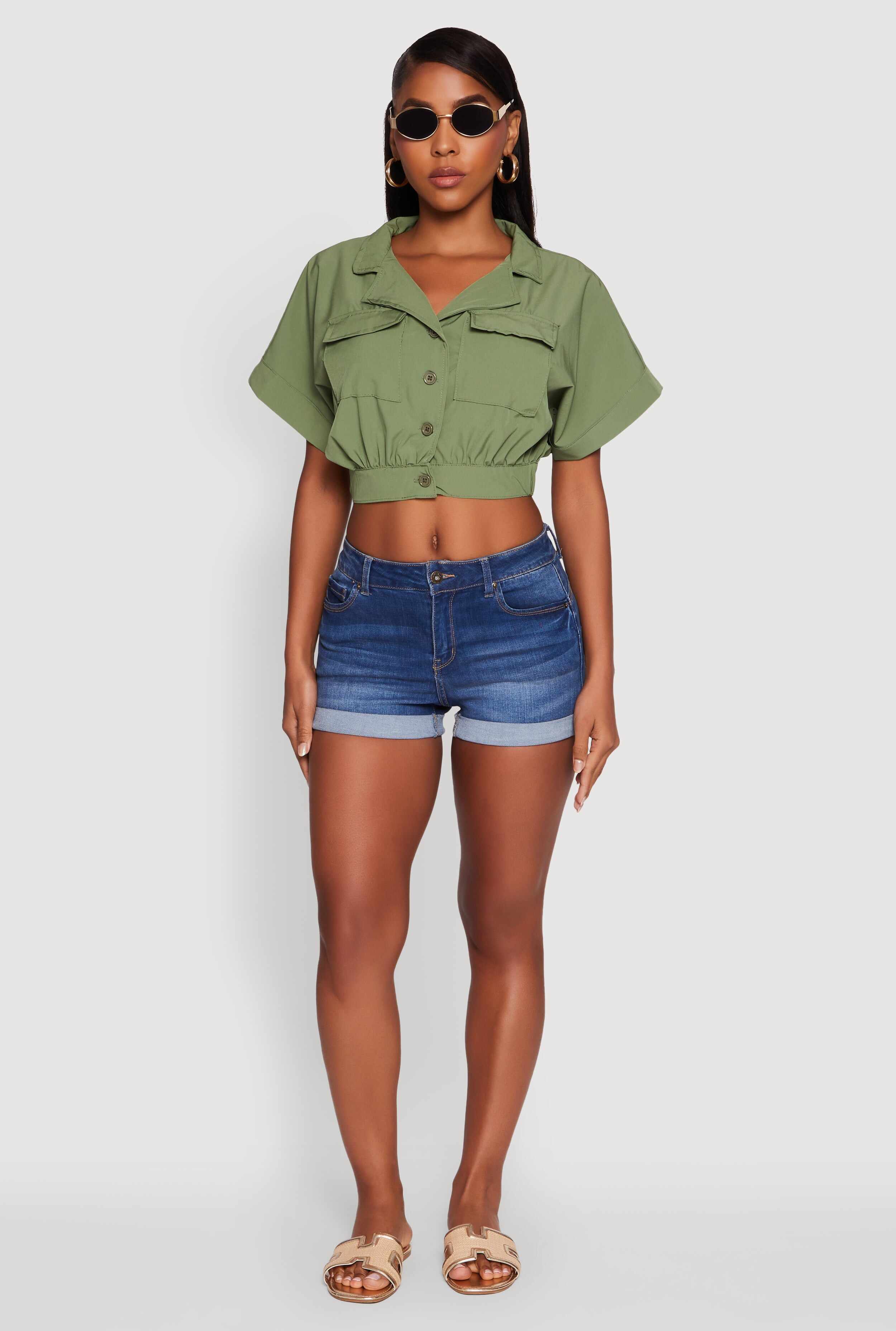 Dolman Sleeve Button Front Shirt Collar Crop Top