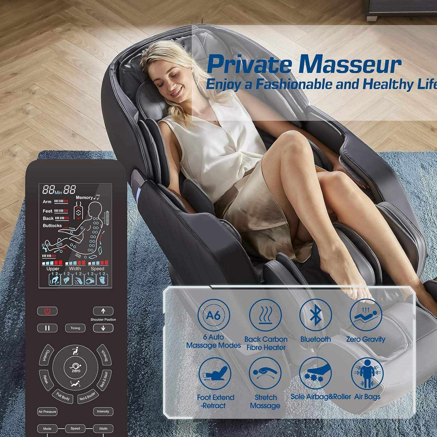 HealthRelife Massage Chair Zero Gravity, Full Body Recliner with Heat Air Pressure SL Track 24 Airbags, Shiatsu Foot Roller Massage Thai-Stretch Bluetooth Speaker, Black&Grey