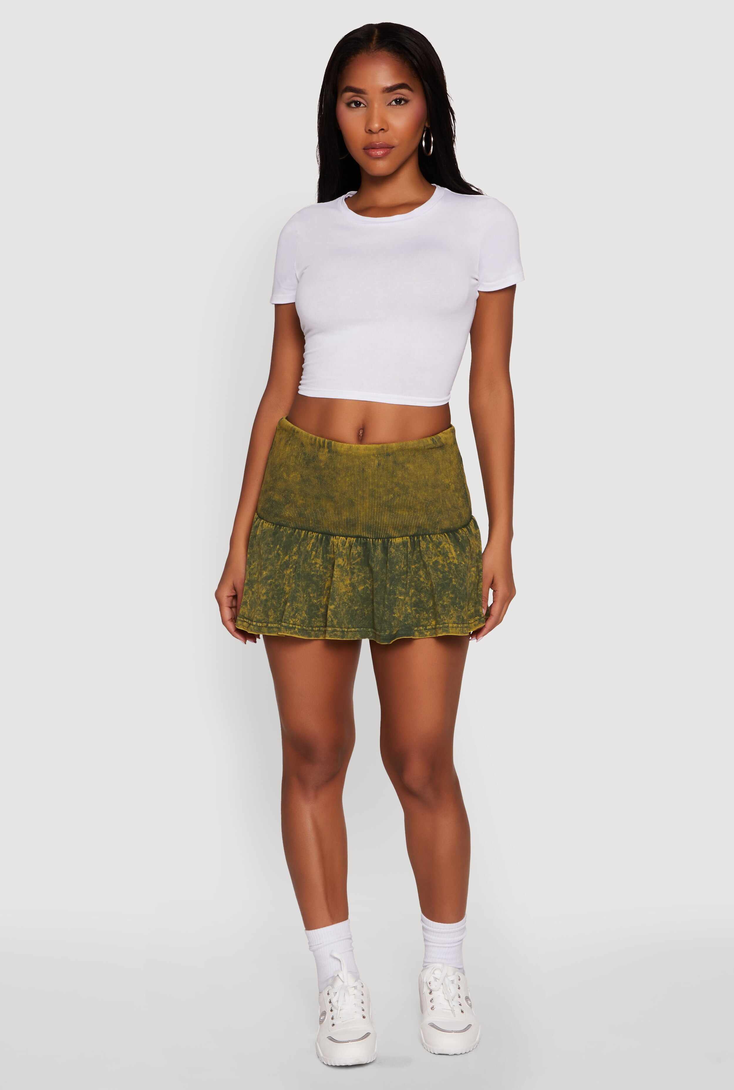 Trendy Acid Wash Ribbed Knit High Waisted Mini Pleated Skirt