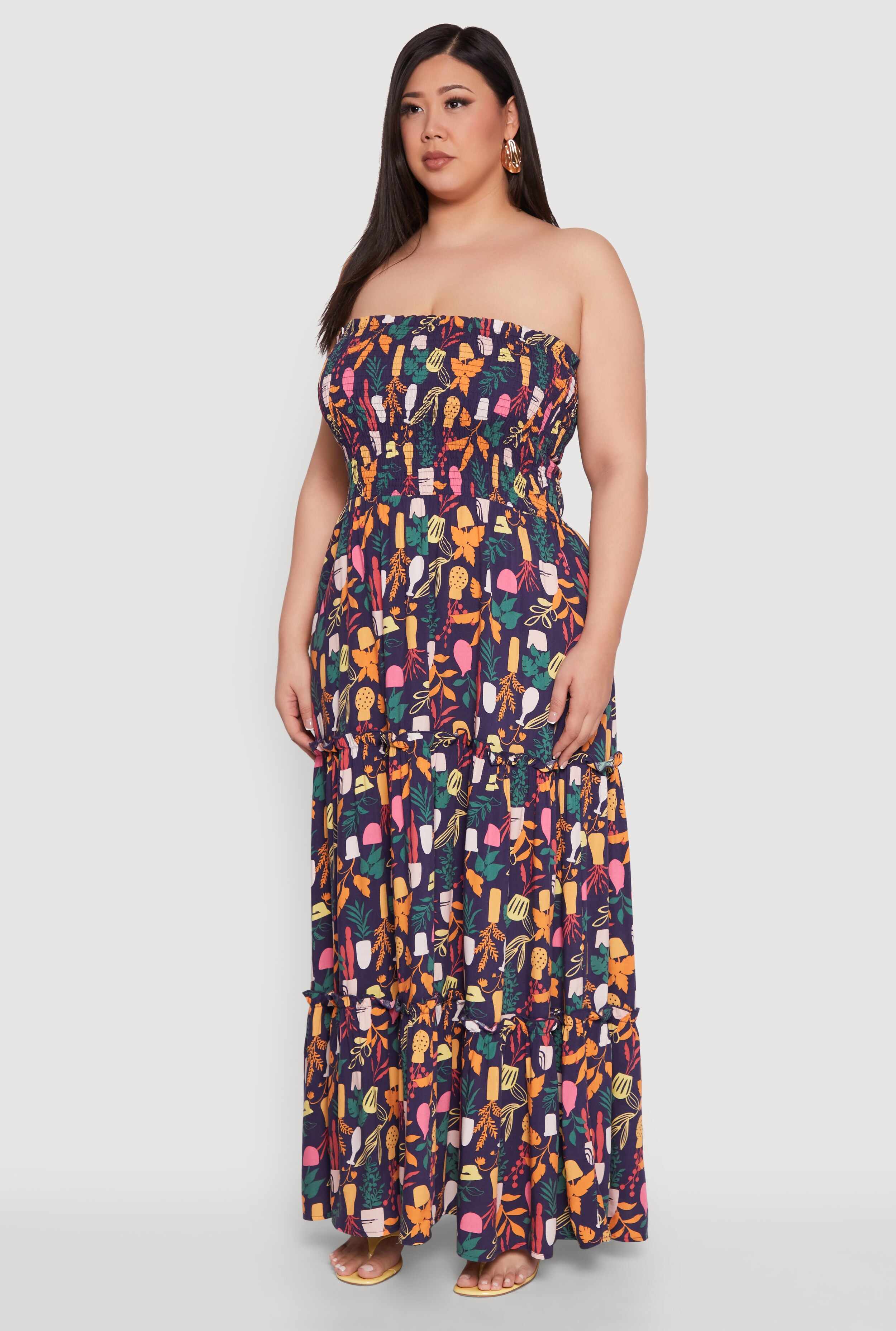 Plus Size House Plant Print Tiered Maxi Dress