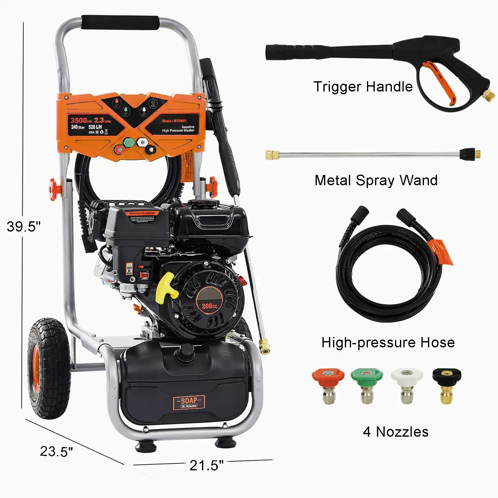 Gas Powered Pressure Washer 3500 PSI, 2.3 GPM Heavy Duty High Power Washer,209CC 7HP Engine with 25Ft Pressure Hose, Axial Aluminum Pump, Soap Tank, 4 Quick Connect Nozzle