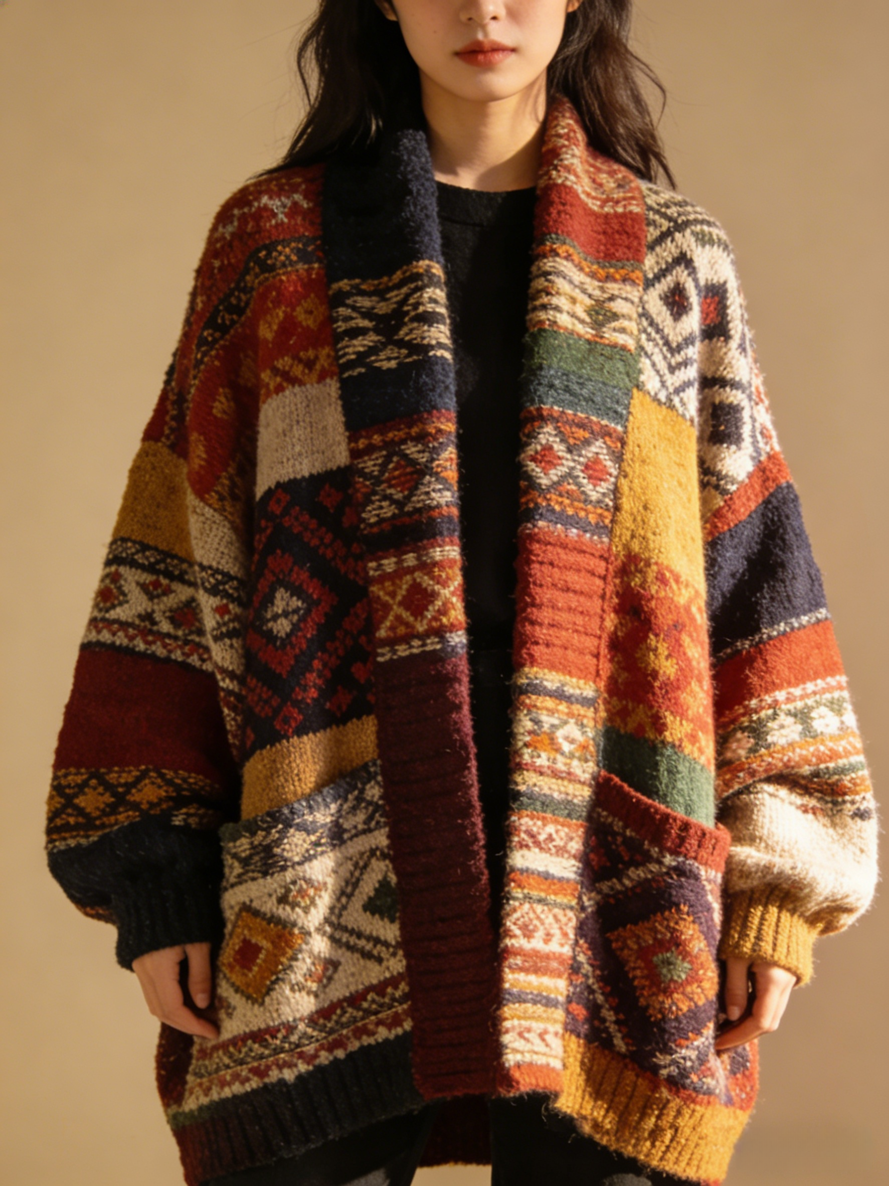 Bohemian Colorblock Oversized Patchwork Jacquard Knit Cardigan Winter